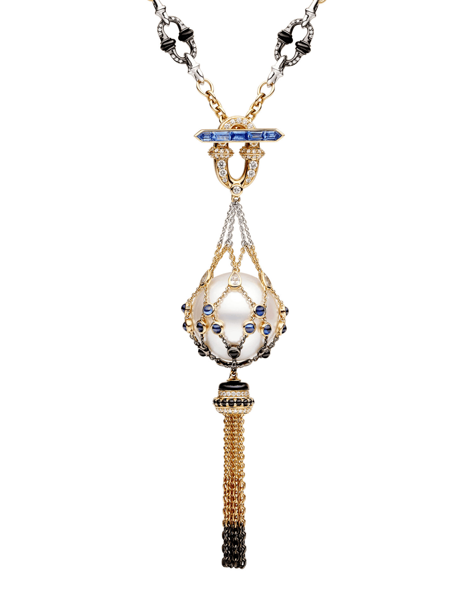 Tassel Anchored Lavalier Pearl Necklace | 18mm Round Pearl, Gemstones, Tassel Anchored Lavalier Pearl Necklace | 18mm Round Pearl, Gemstones,