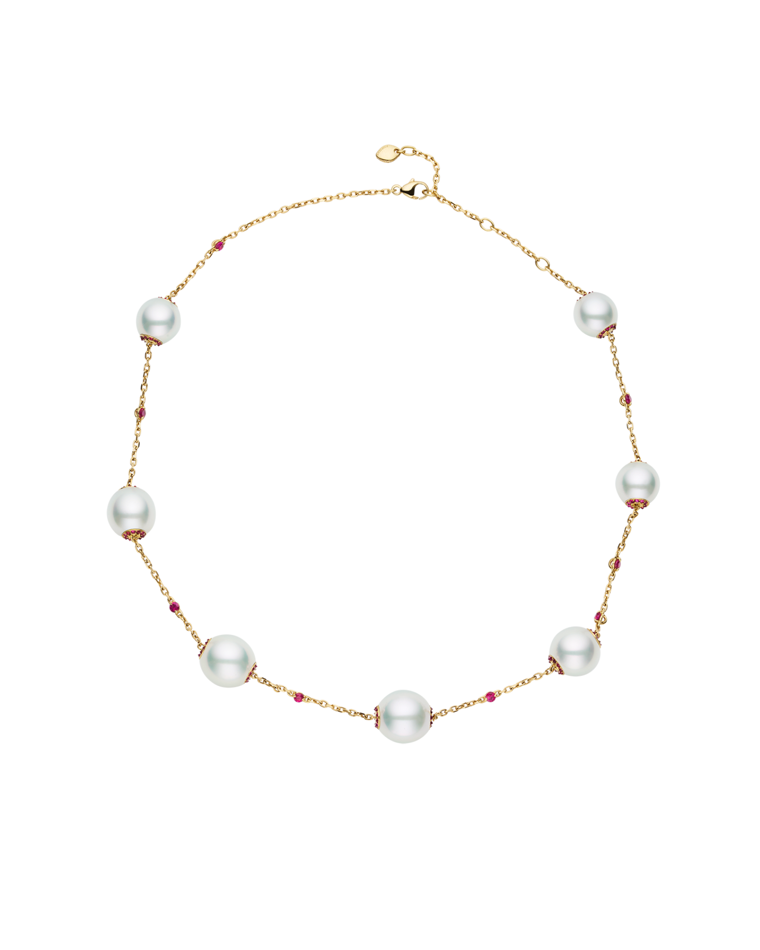 Ruby Touchstone Pearl Necklace | 10-12mm Oval Pearls, Rubies and Yellow Gold 1