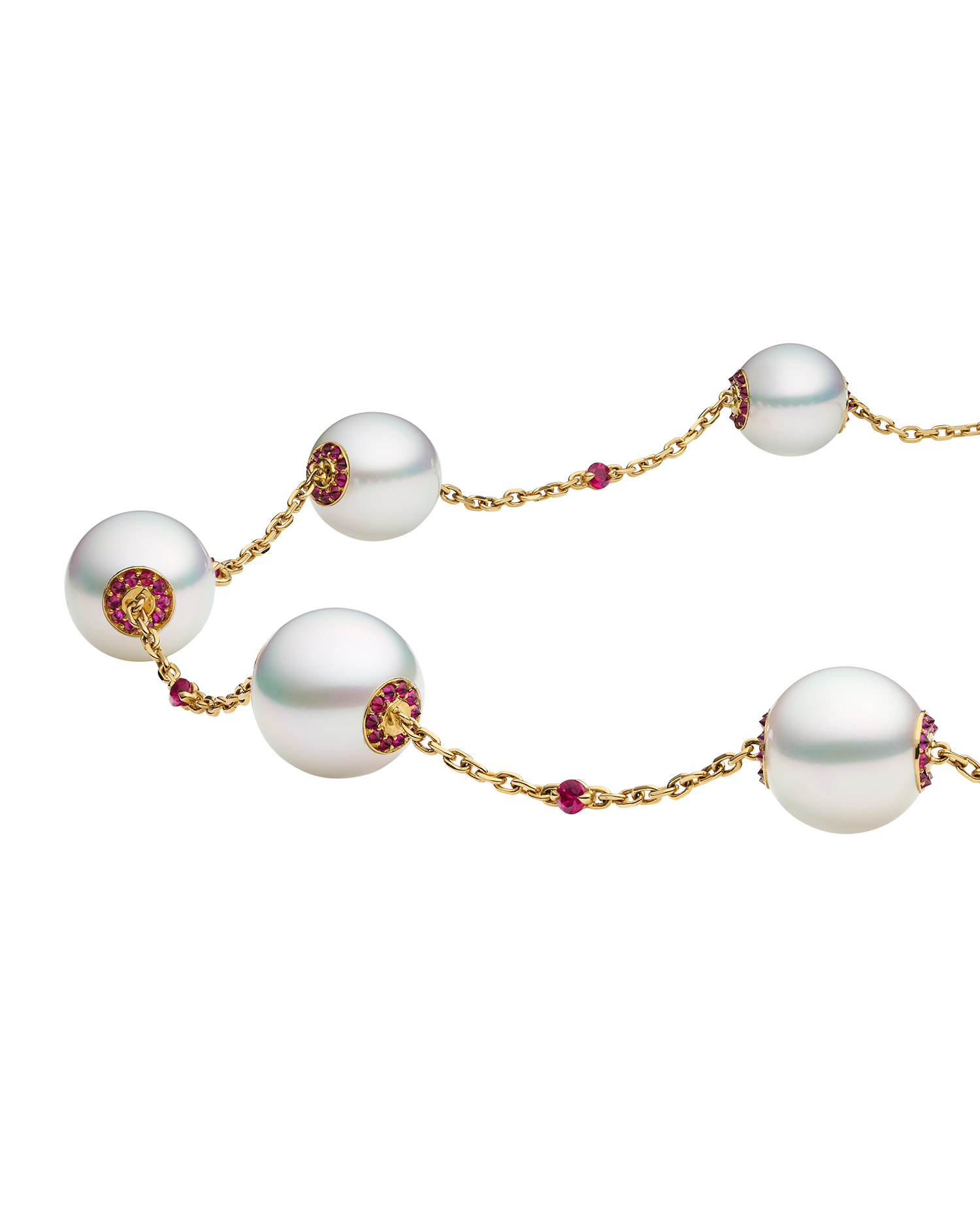 Ruby Touchstone Pearl Necklace | 10-12mm Oval Pearls, Rubies and Yellow Gold 2