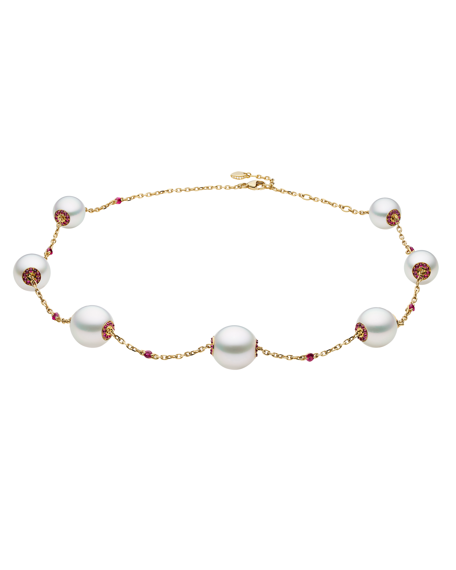 Ruby Touchstone Pearl Necklace | 10-12mm Oval Pearls, Rubies and Yellow Gold 3