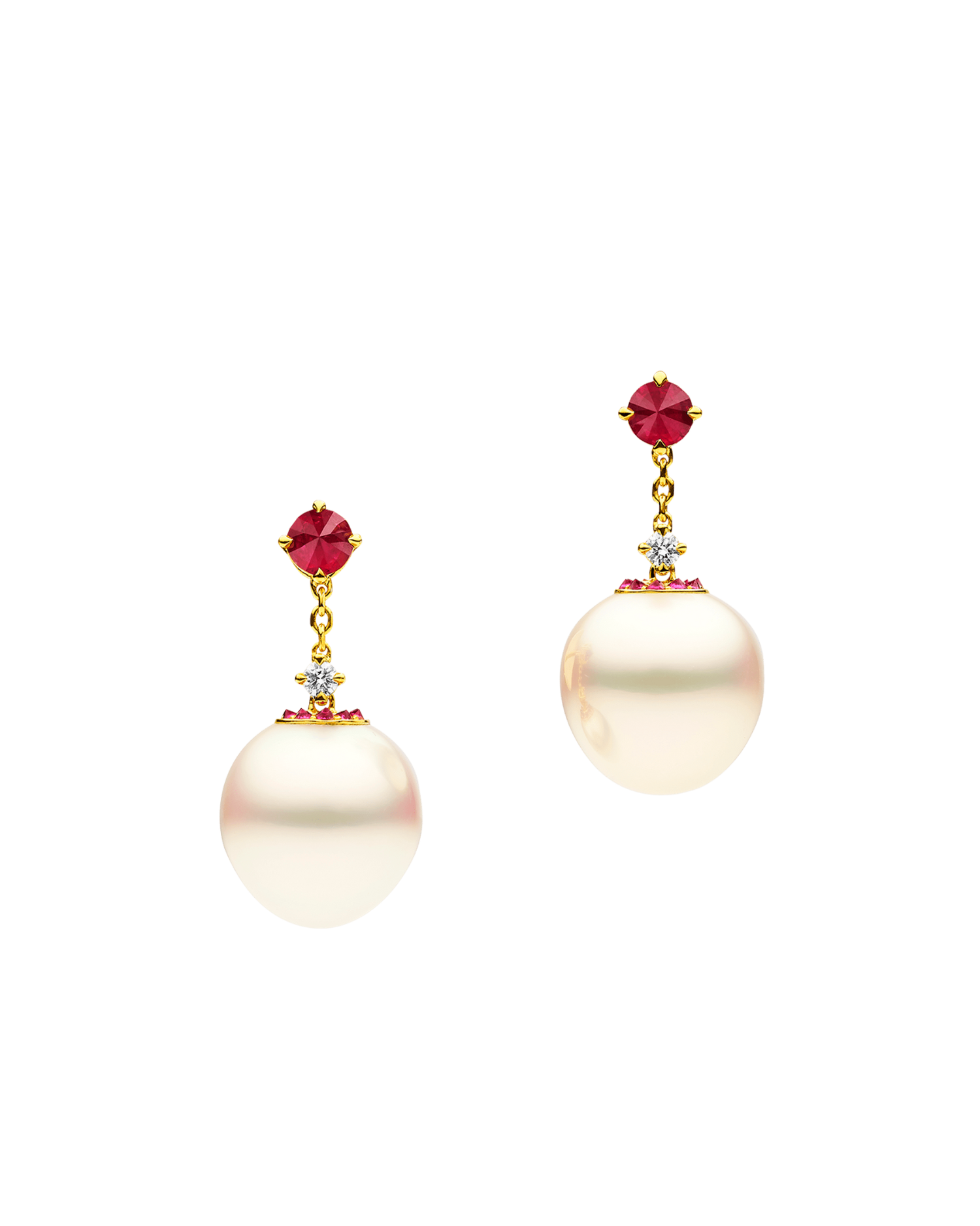 Ruby Touchstone Pearl Drop Earring | 12mm Triangle Pearls, Rubies, and Yellow Gold 1
