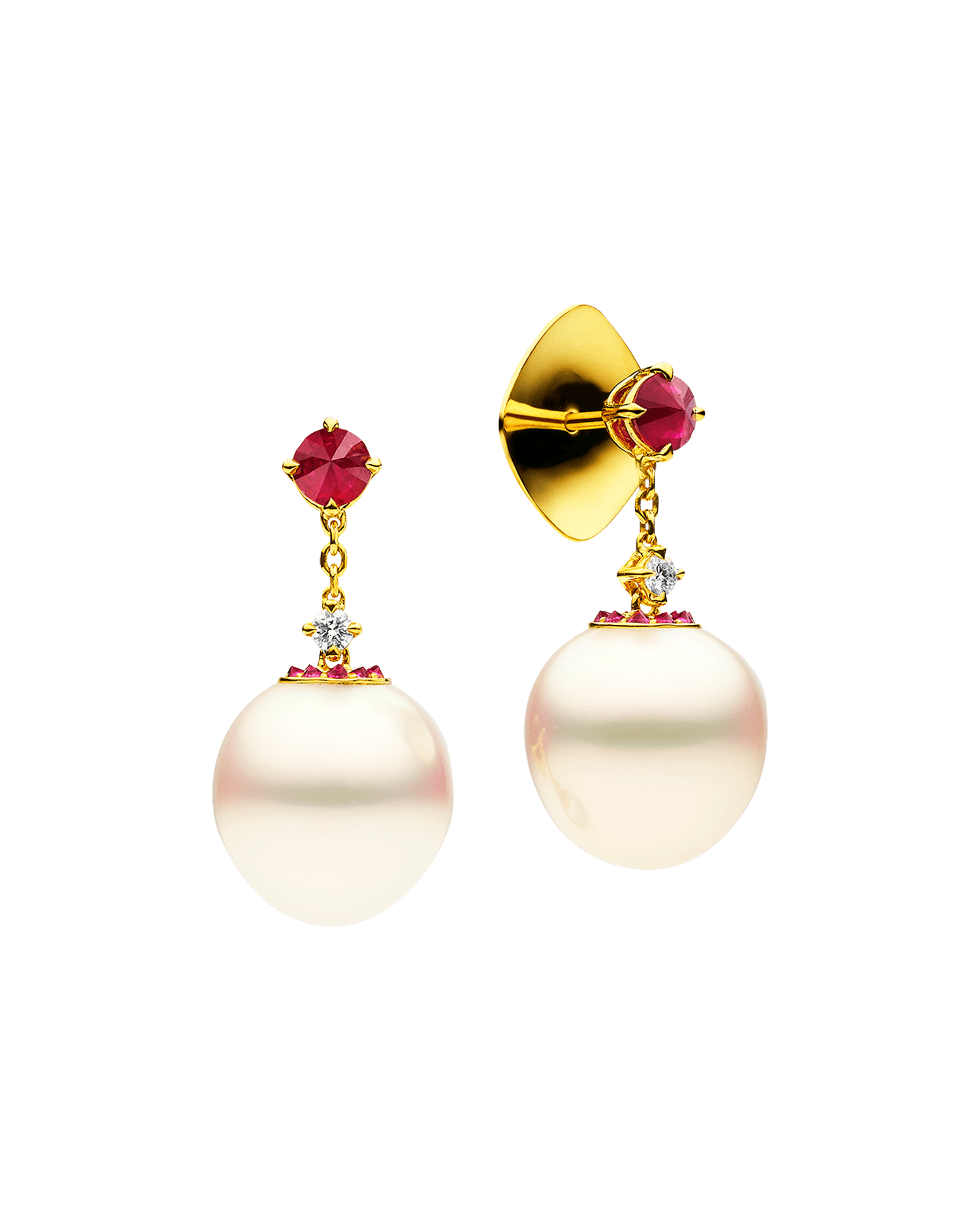 Ruby Touchstone Pearl Drop Earring | 12mm Triangle Pearls, Rubies, and Yellow Gold 2