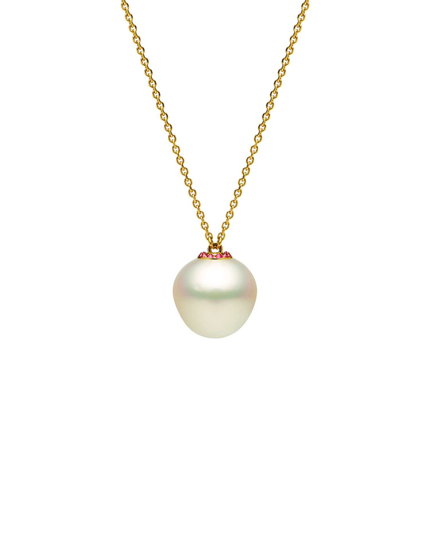 Ruby Touchstone Ruby Pearl Necklace | 13mm Triangle Pearl, Rubies, and Yellow Gold 1