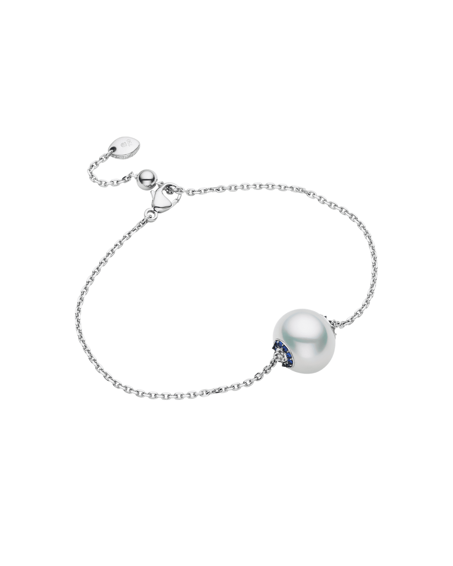 Blue Sapphire Touchstone Single Pearl Bracelet | 11mm Button Pearl, Blue Sapphires, and White Gold 1