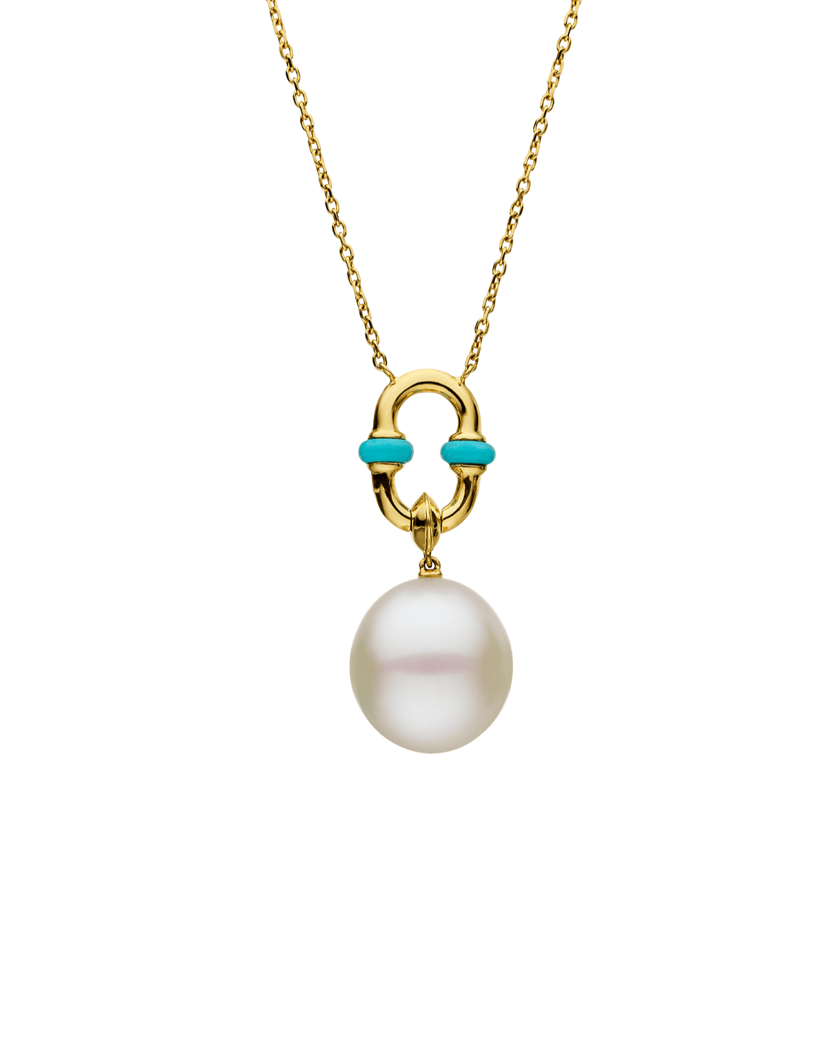 Turquoise Anchor Link Pearl Necklet | 13mm Oval Pearl, Turquoise, and