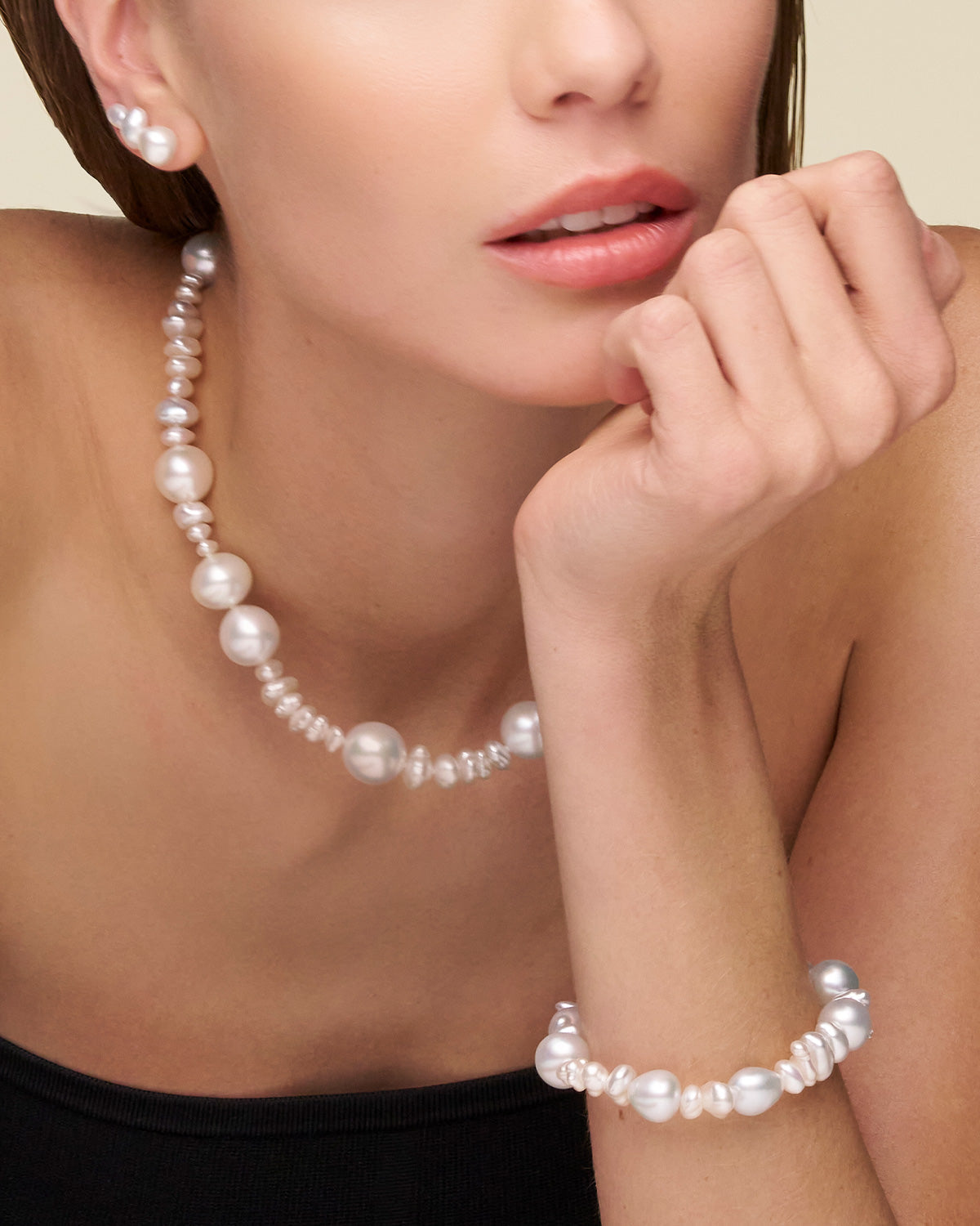 Wild Pearl Strand Necklace On Body SCE22MIX03 Bracelet SBE22MIX02 Earrings dkbqstud Studs stack