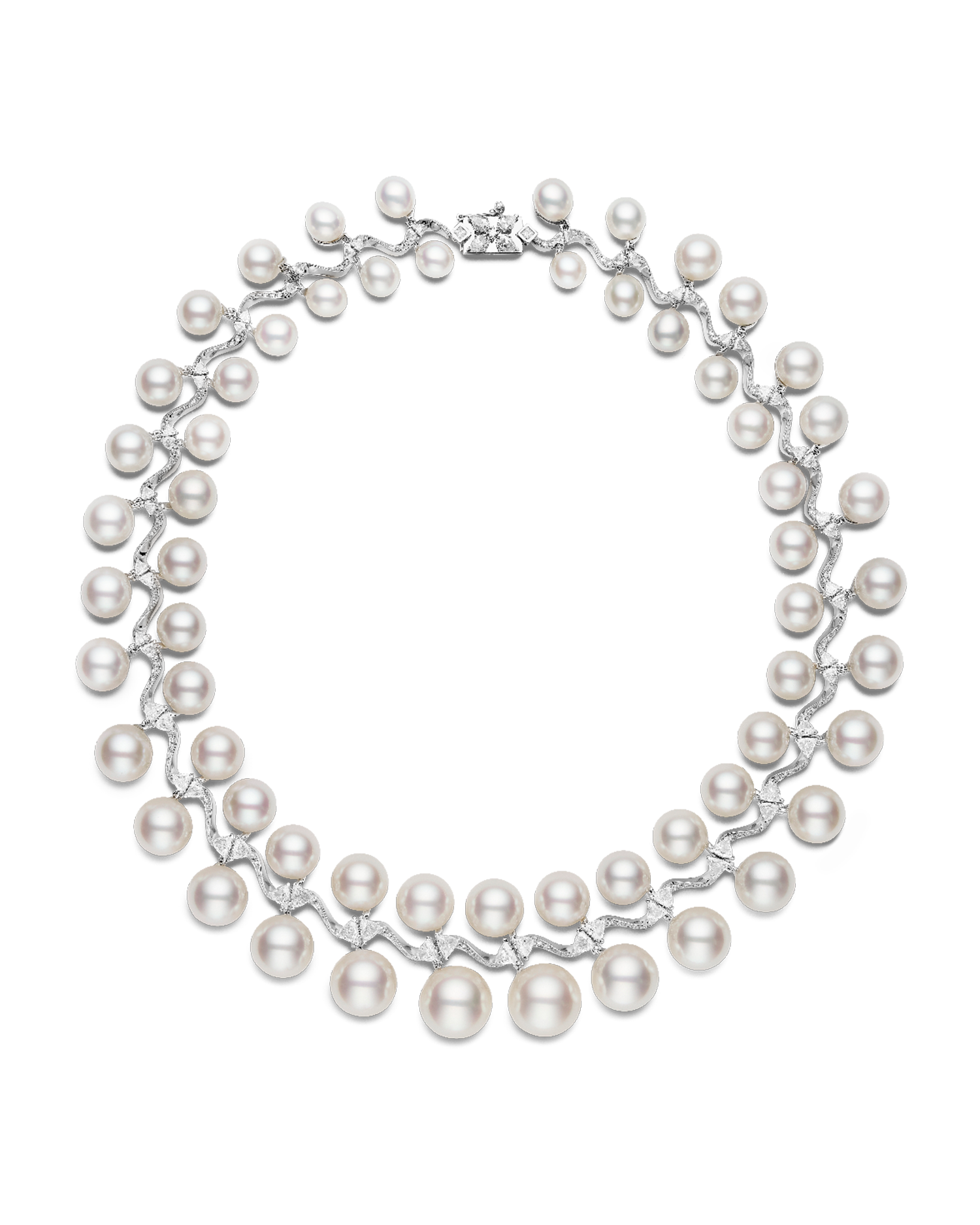Wreath Pearl Collier | 9-14mm Round Pearls, Diamonds, and Platinum