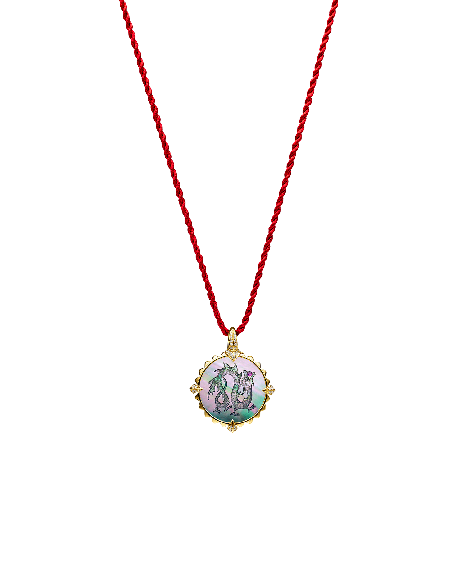 Year of The Dragon Coin Charm | Black Mother of Pearl, Ruby, and Yellow Gold 4