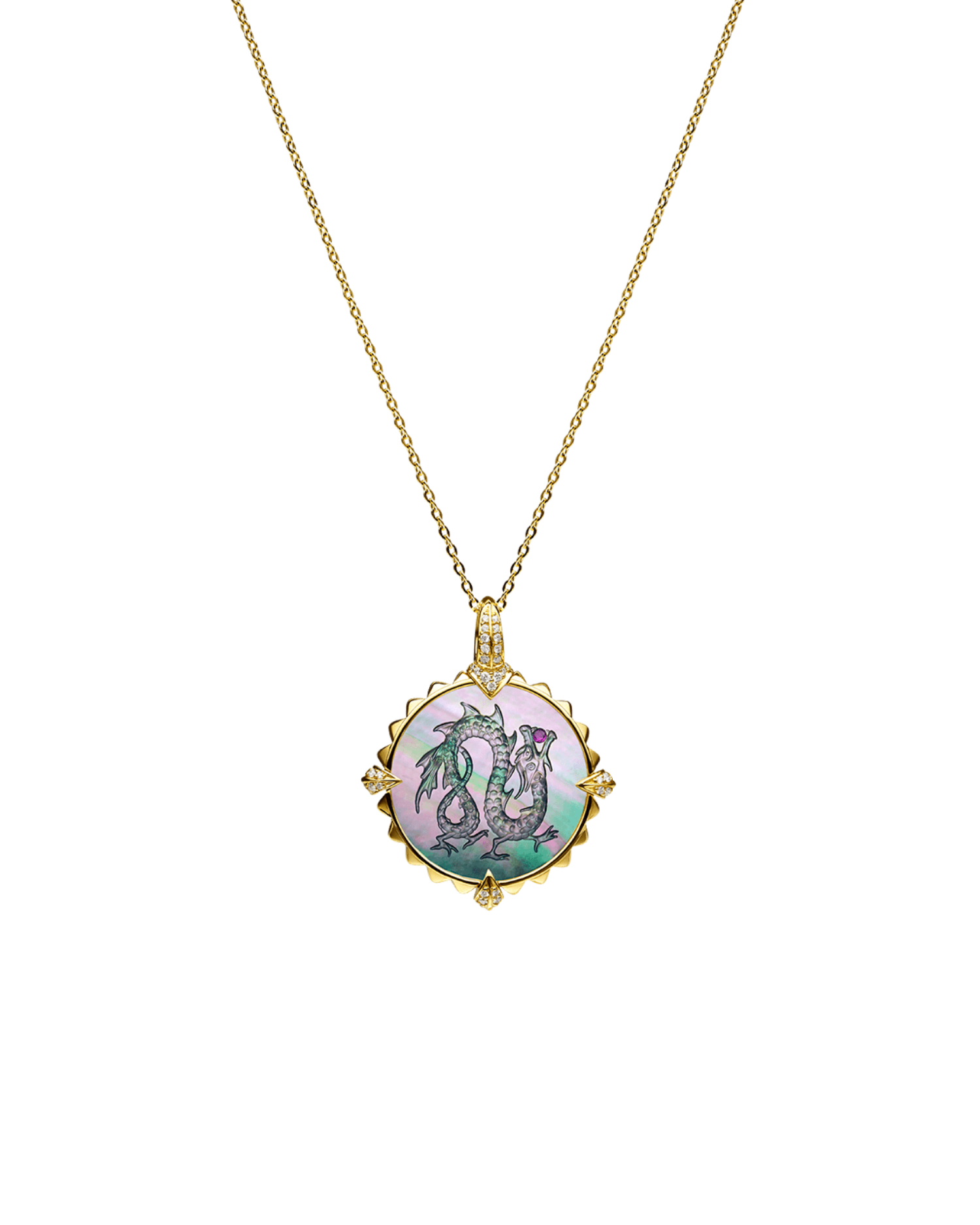 Year of The Dragon Coin Charm | Black Mother of Pearl, Ruby, and Yellow Gold 3