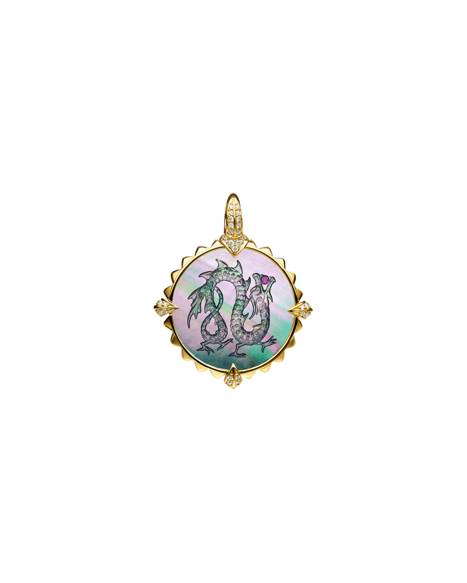 Year of The Dragon Coin Charm | Black Mother of Pearl, Ruby, and Yellow Gold 1