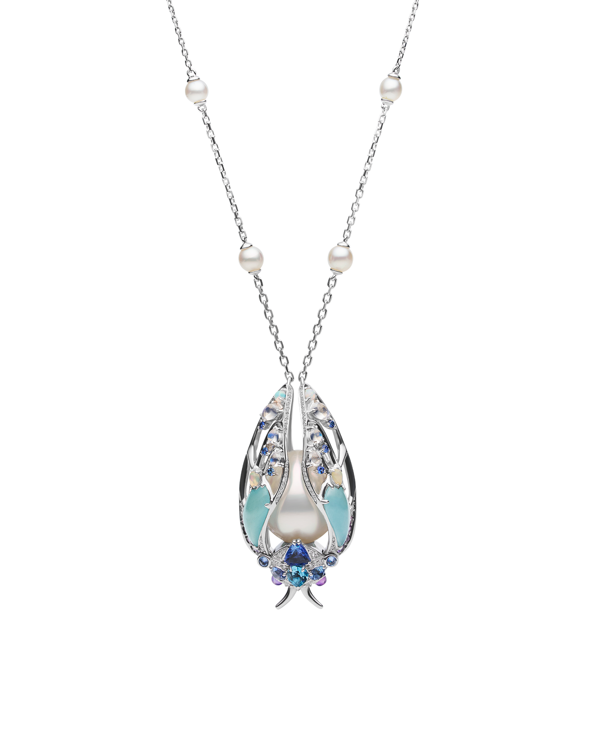 Blue Moon Cicada Pearl Necklace | 4-14mm Pearls, Blue Sapphires, and White Gold