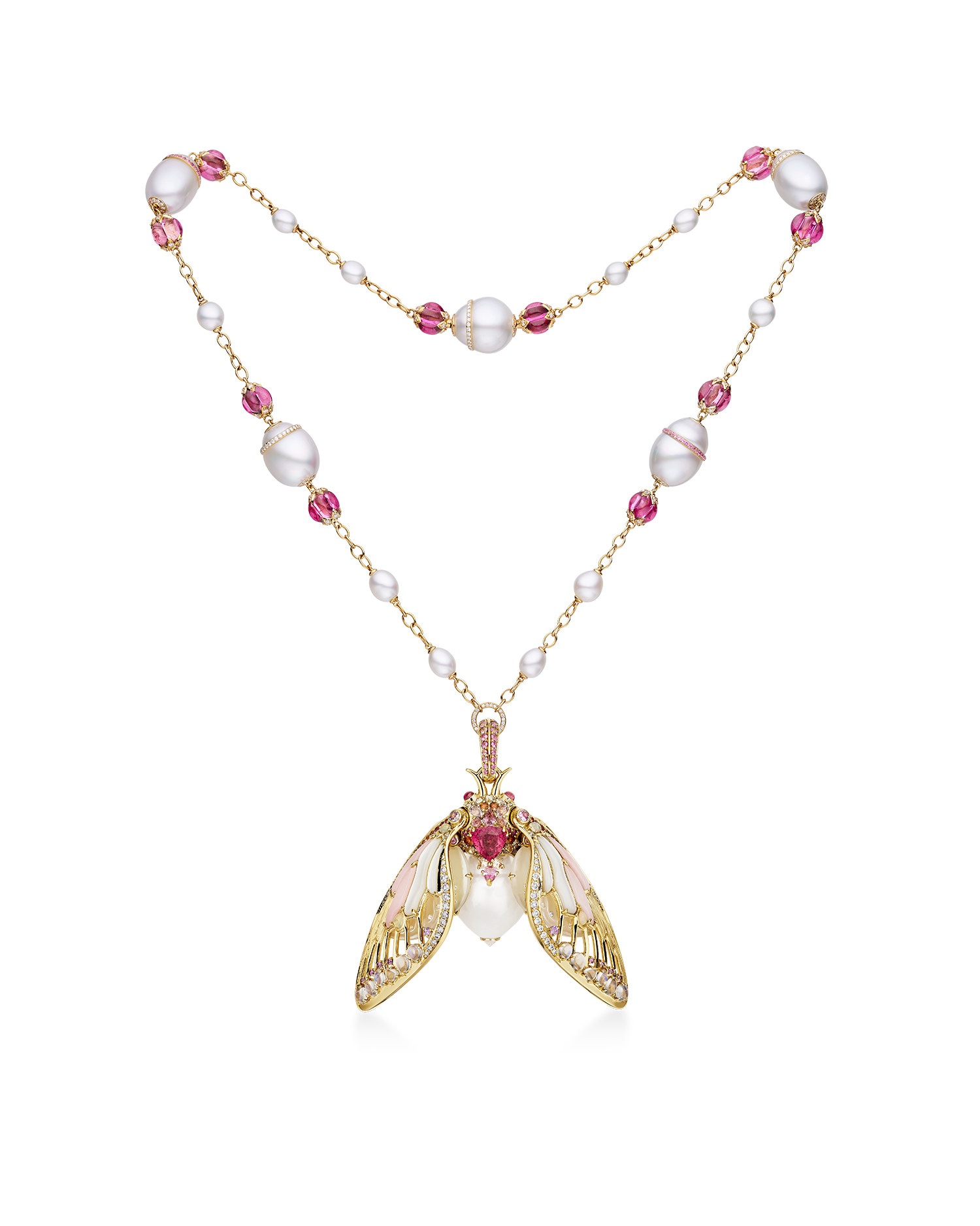 Blushing Cicada Collier | 17mm Drop Pearl, Pink Opal, and Yellow Gold