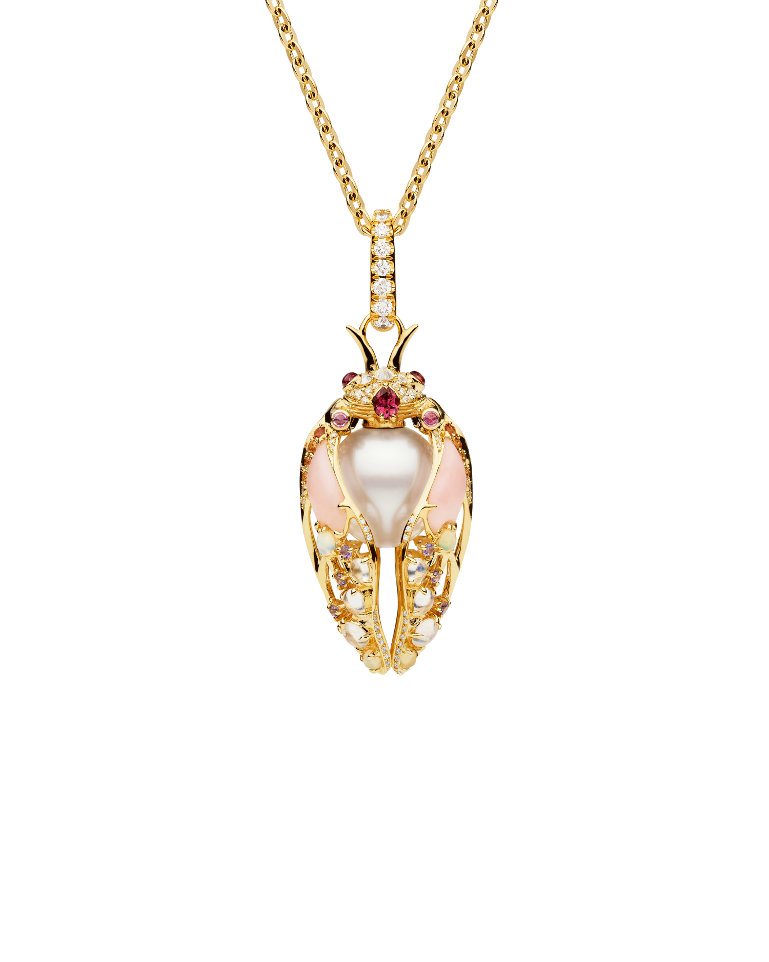 Blushing Cicada Pearl Pendant | 11mm Oval Pearl, Pink Opal, and Yellow Gold