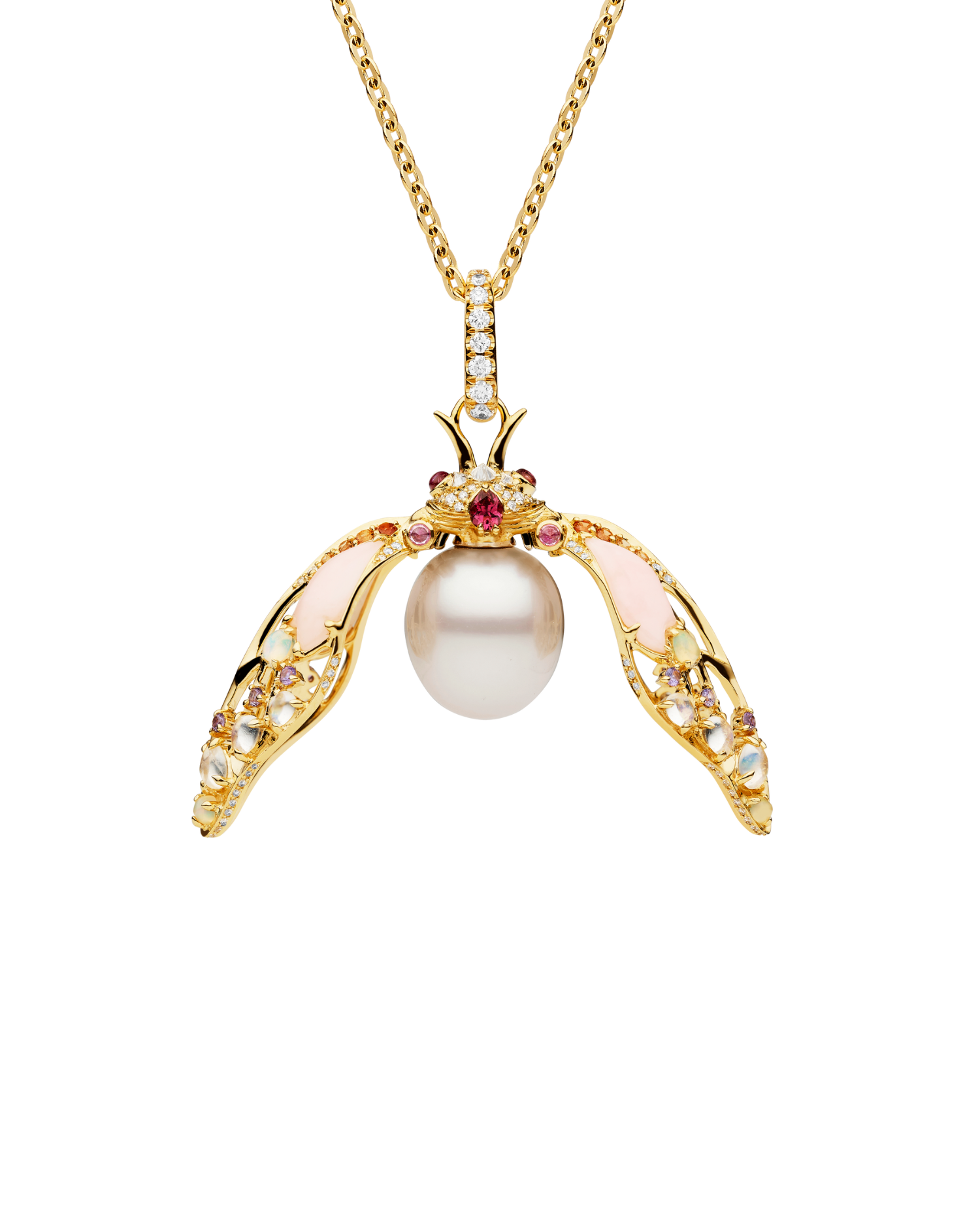 Blushing Cicada Pearl Pendant | 11mm Oval Pearl, Pink Opal, and Yellow Gold