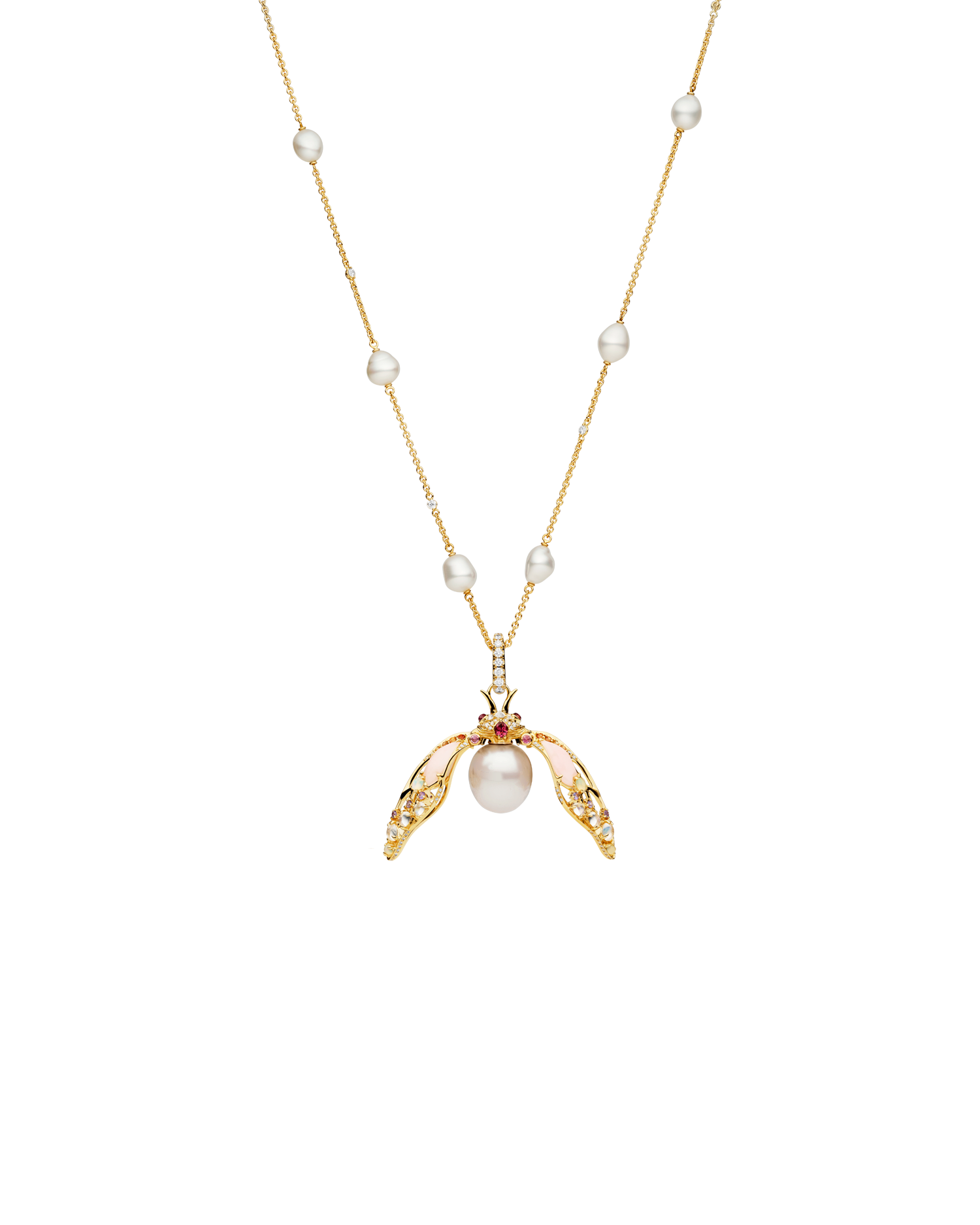 Blushing Cicada Pearl Pendant | 11mm Oval Pearl, Pink Opal, and Yellow Gold