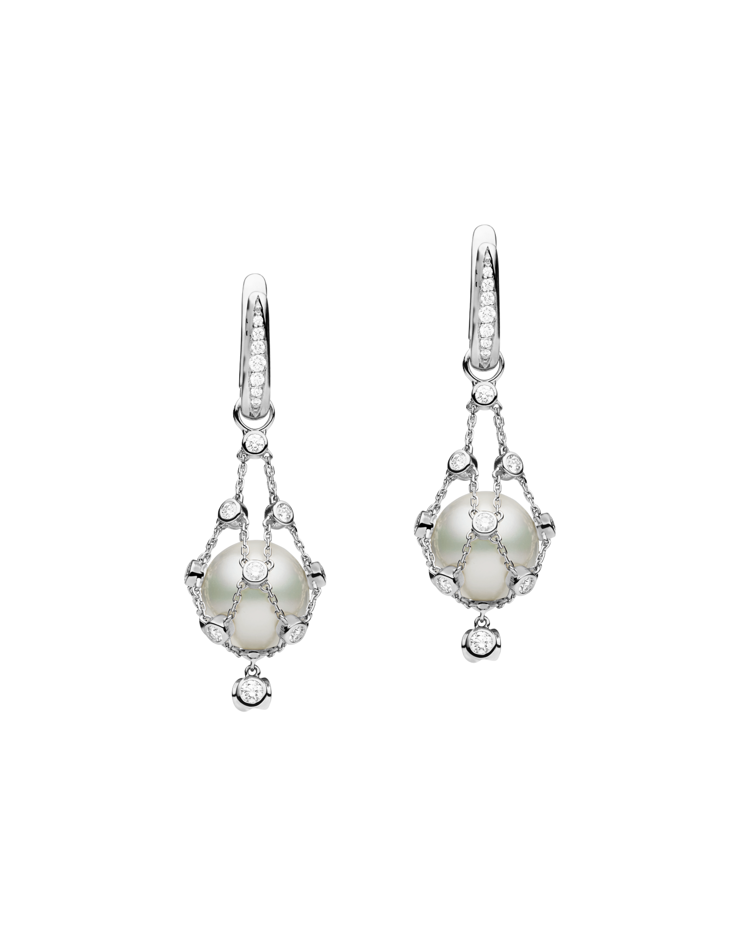 Diamond Lavalier Pearl Earrings | 12mm Round Pearls, Diamonds, and White Gold