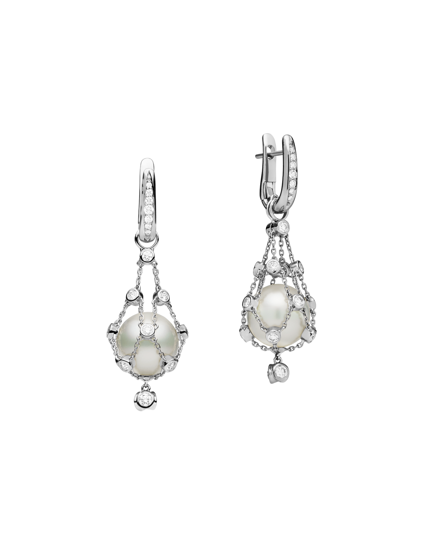 Diamond Lavalier Pearl Earrings | 12mm Round Pearls, Diamonds, and White Gold