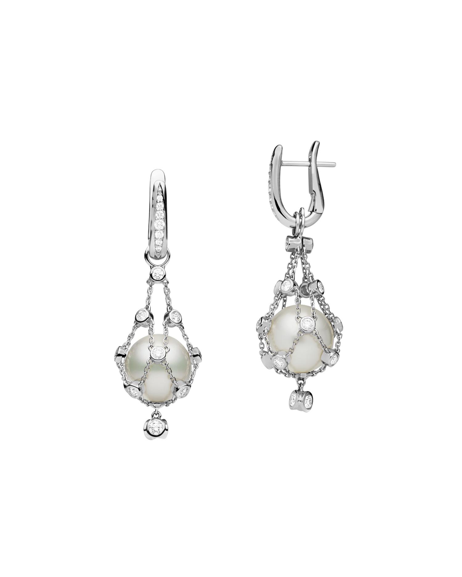Diamond Lavalier Pearl Earrings | 12mm Round Pearls, Diamonds, and White Gold