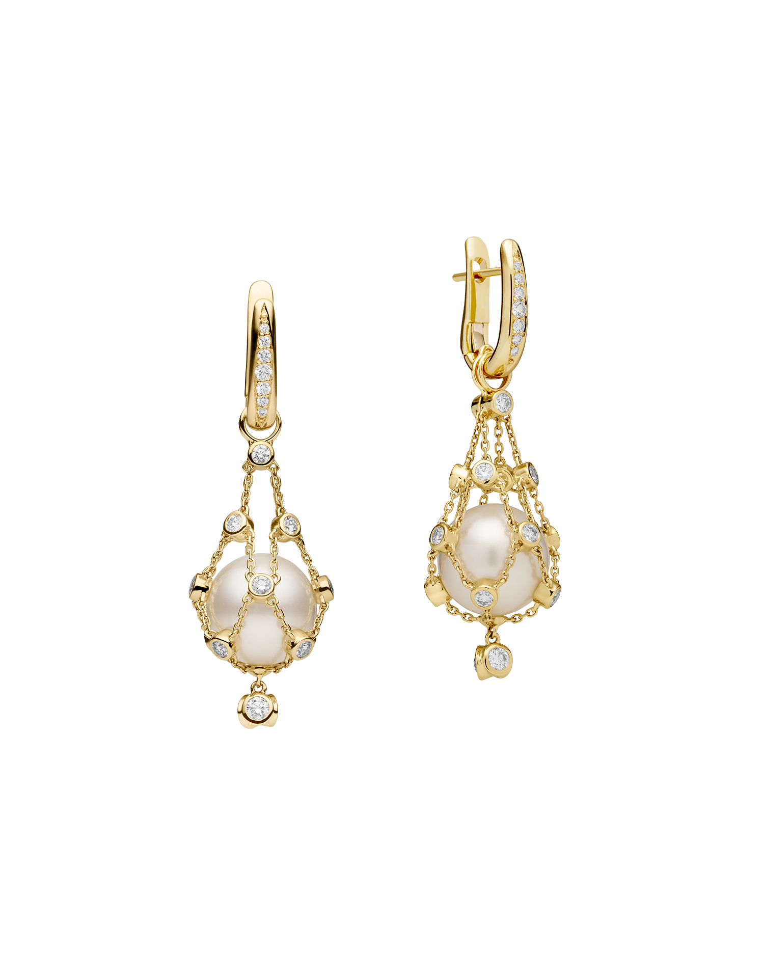 Diamond Lavalier Pearl Earrings | 12mm Round Pearls, Diamonds, and Yellow Gold