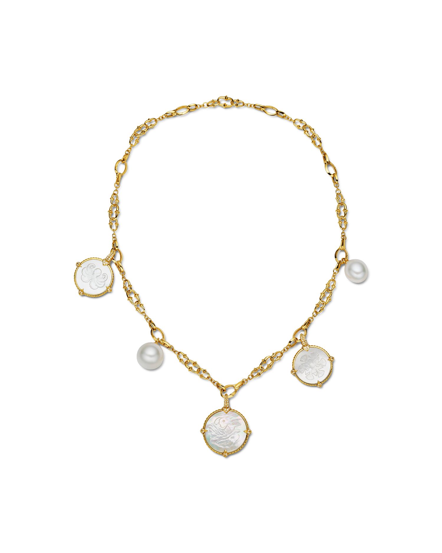 Layered Coin Charm Pearl Necklace | 13-15mm Oval Pearls, Mother of Pearl, Diamonds, and Yellow Gold