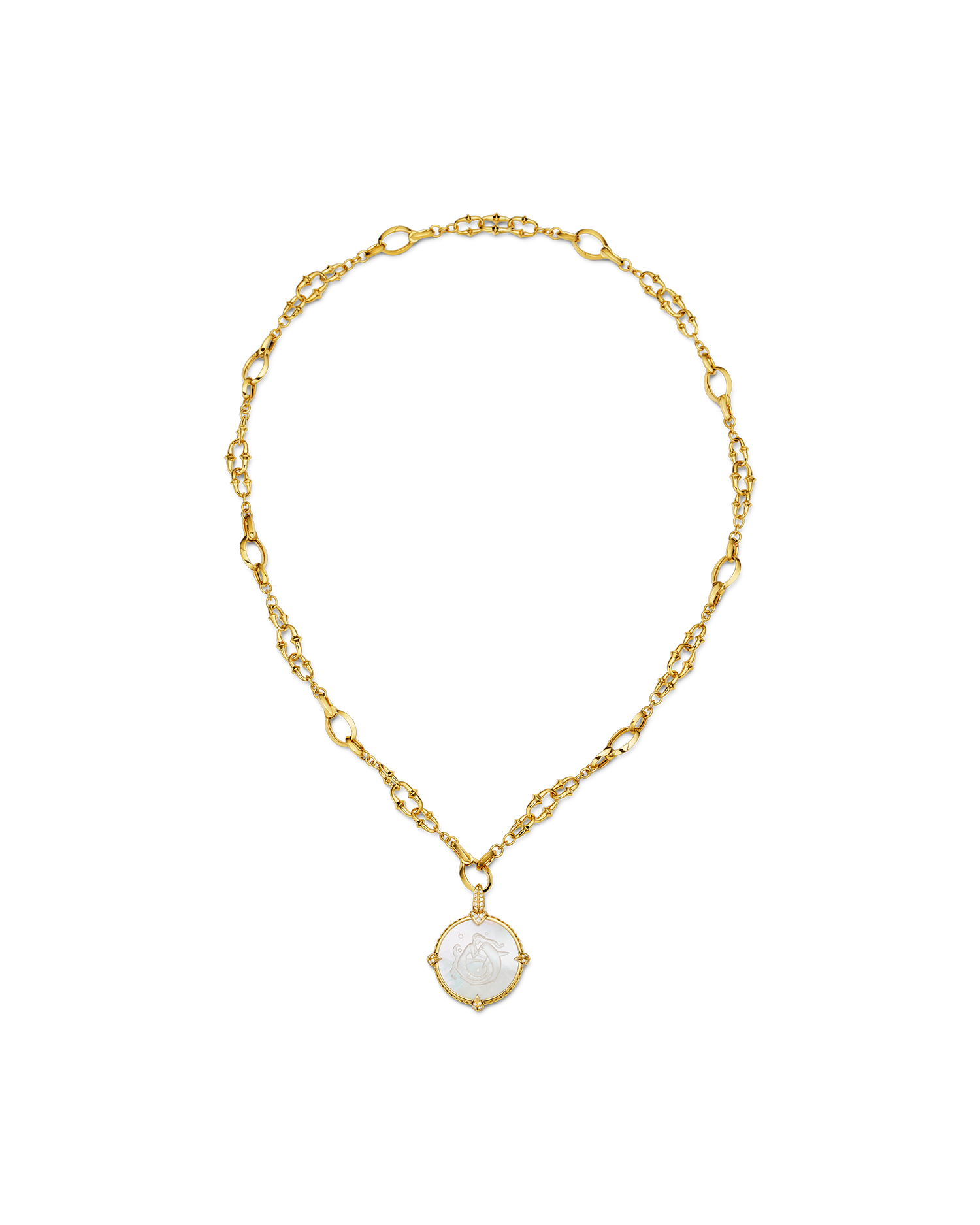 Coin Charm Necklace | Mother of Pearl, Diamonds, and Yellow Gold