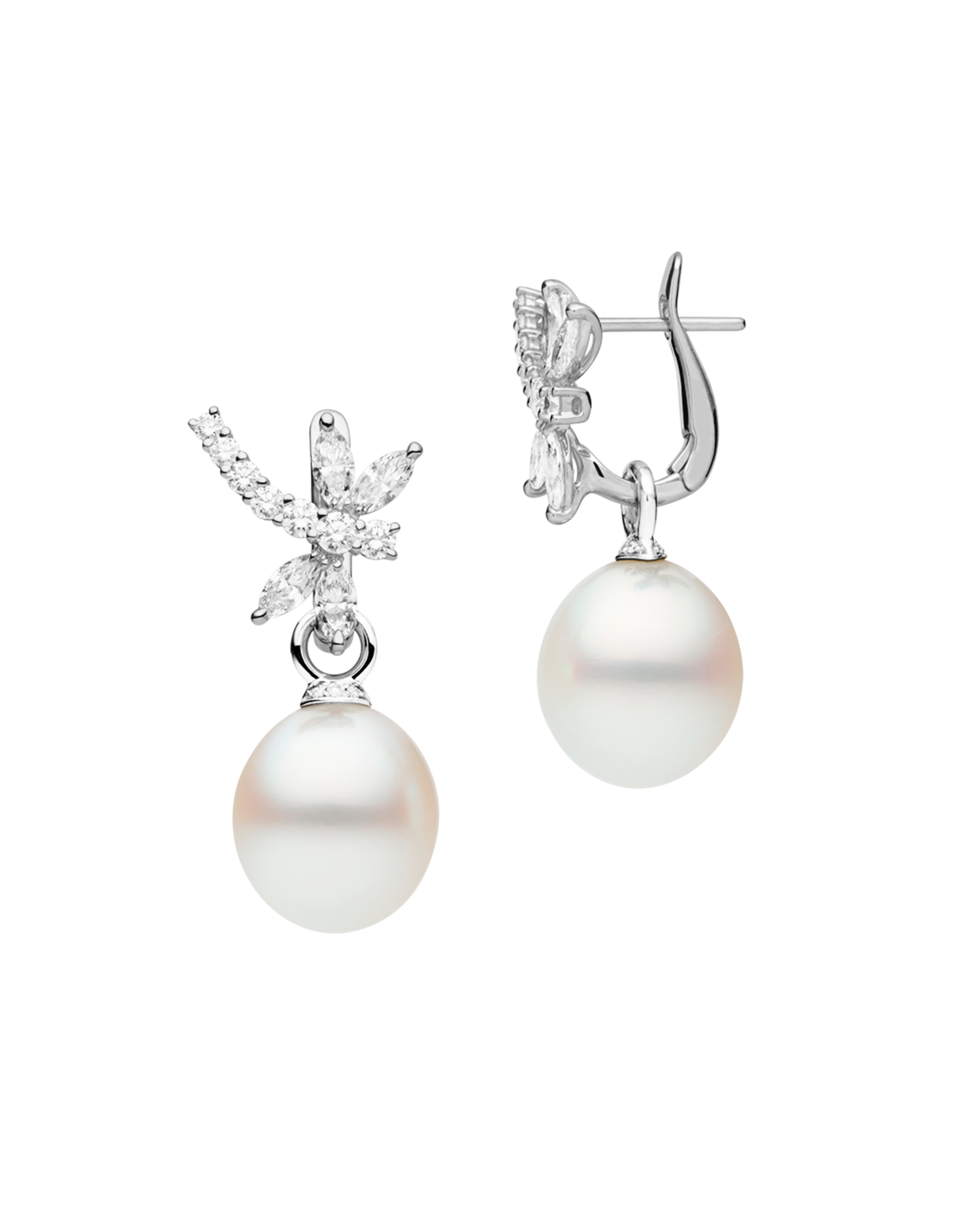 Diamond Dragonfly Pearls My Way Earrings | 12mm Oval Pearls, Diamond and White Gold