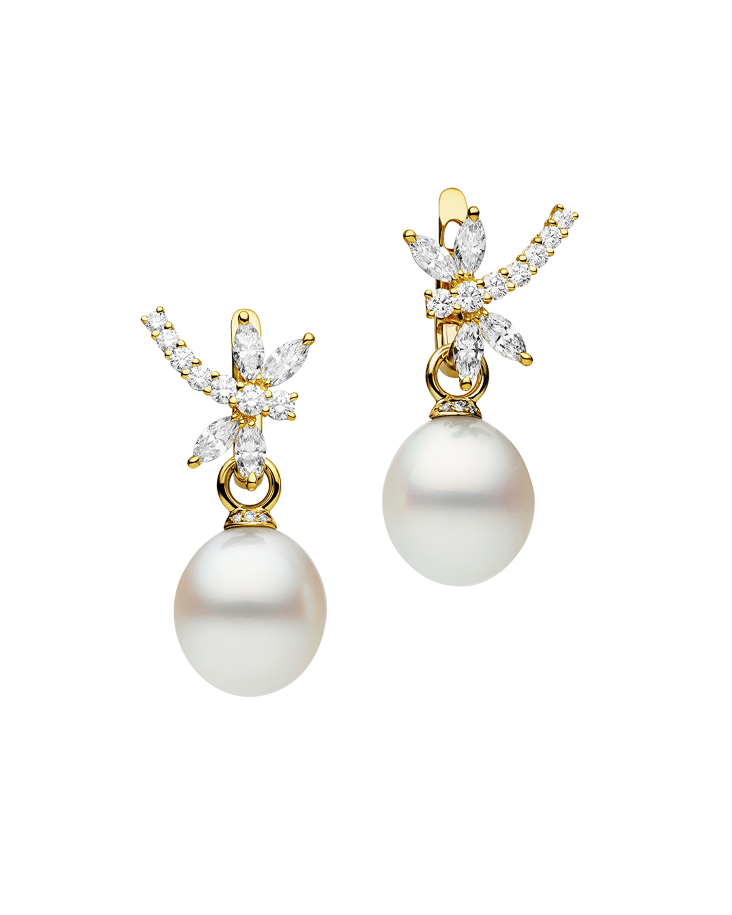 Diamond Dragonfly Pearls My Way Earrings | 12mm Oval Pearls, Diamond and Yellow Gold