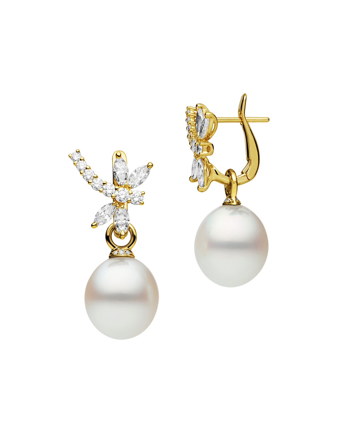 Diamond Dragonfly Pearls My Way Earrings | 12mm Oval Pearls, Diamond and Yellow Gold