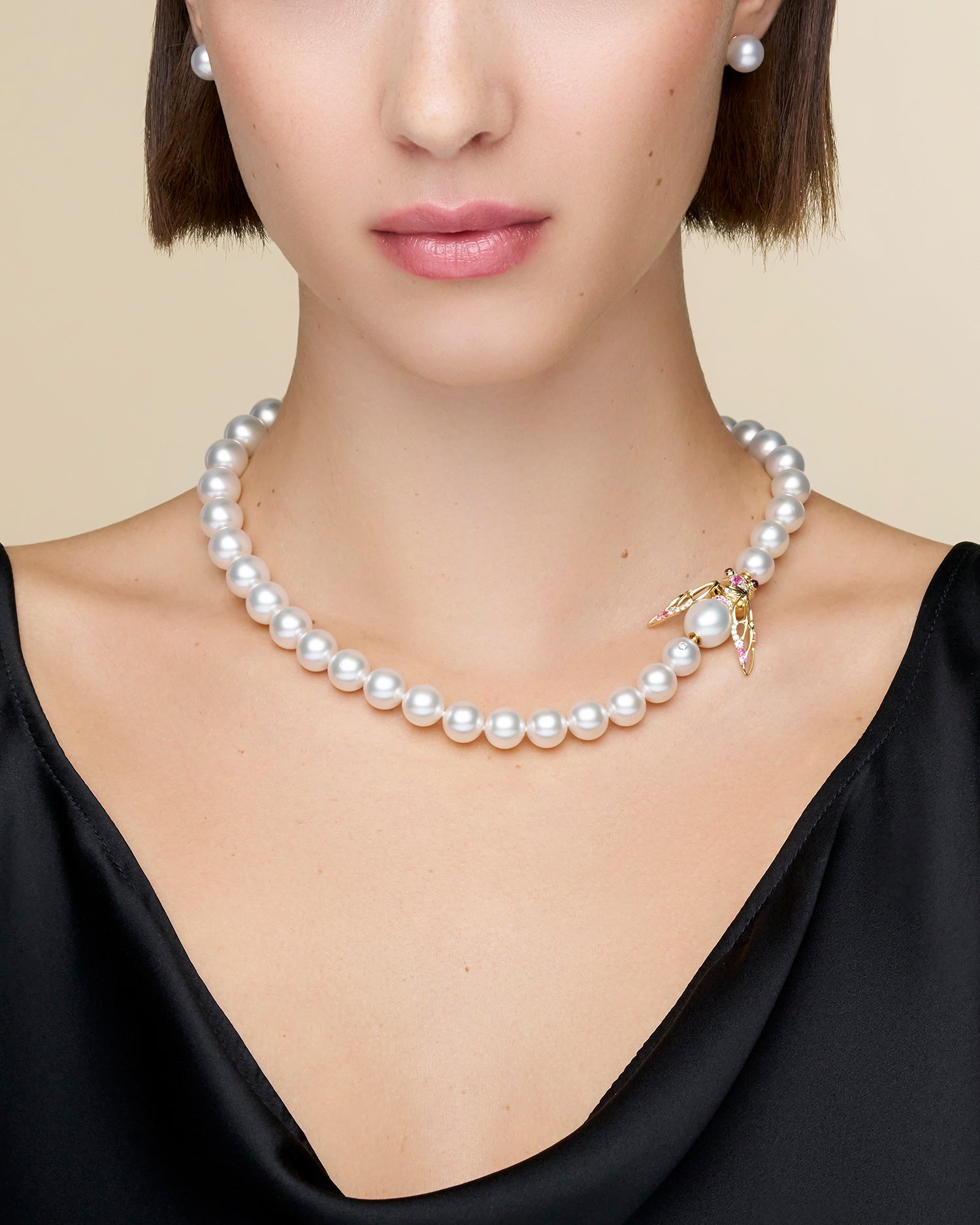 Blushing Cicada Pearl Clasp | 12mm Drop Pearl, Pink Sapphire, and Yellow Gold
