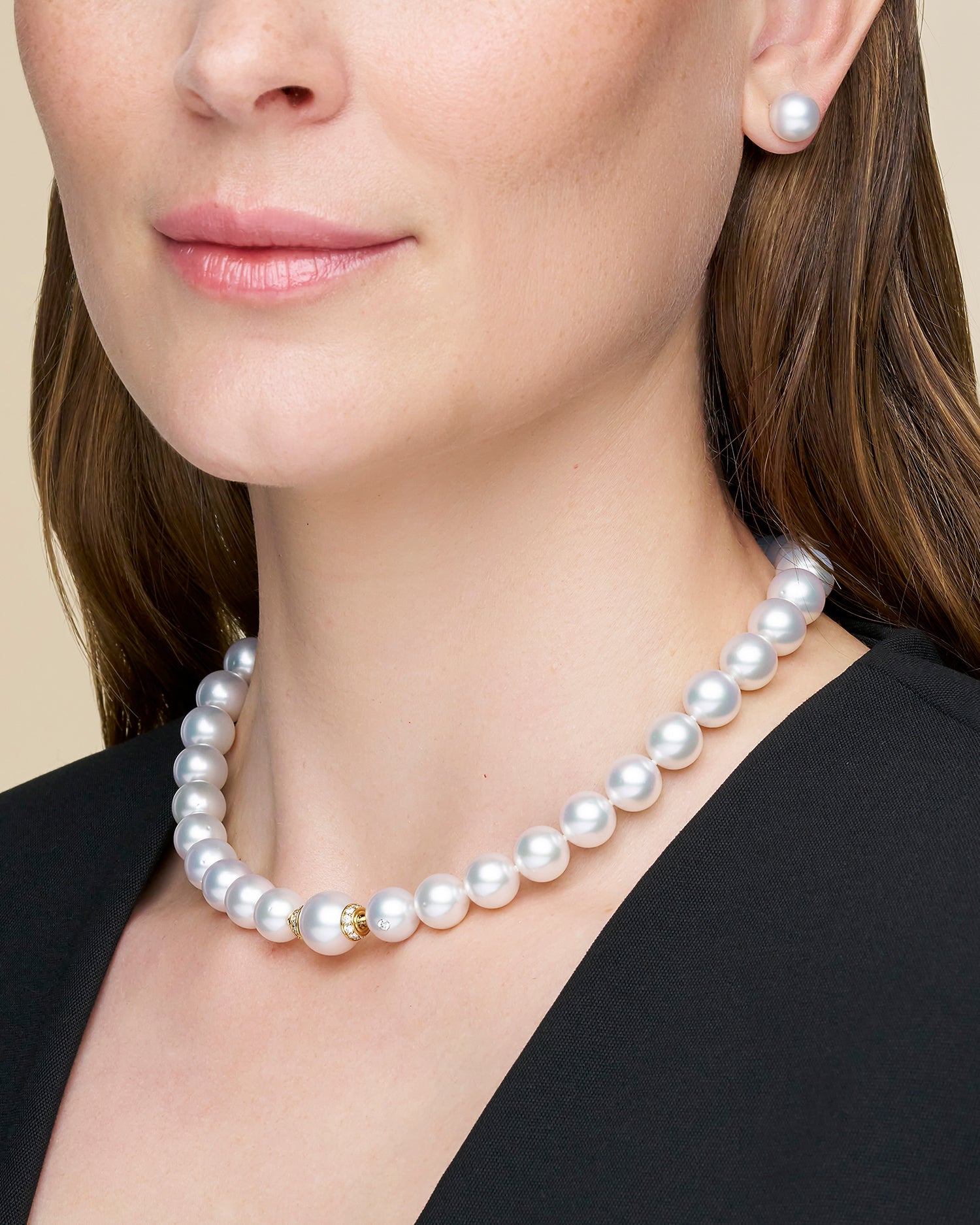 Diamond Rondelle Pearl Clasp | 13mm Round Pearl, Diamonds, and Yellow Gold