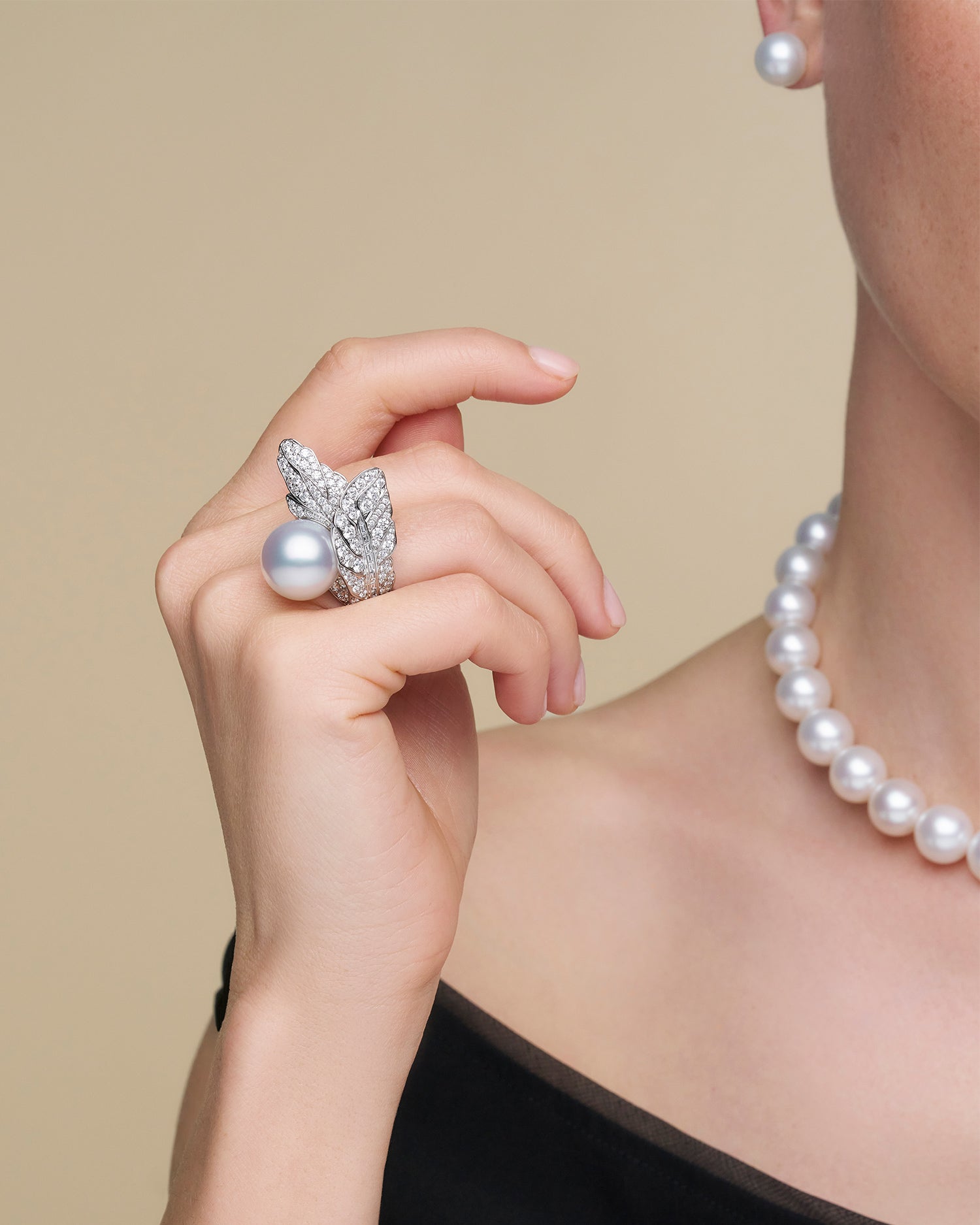 Night Bird Feather Pearl Ring | 15mm Round Pearl, Diamonds, and White Gold