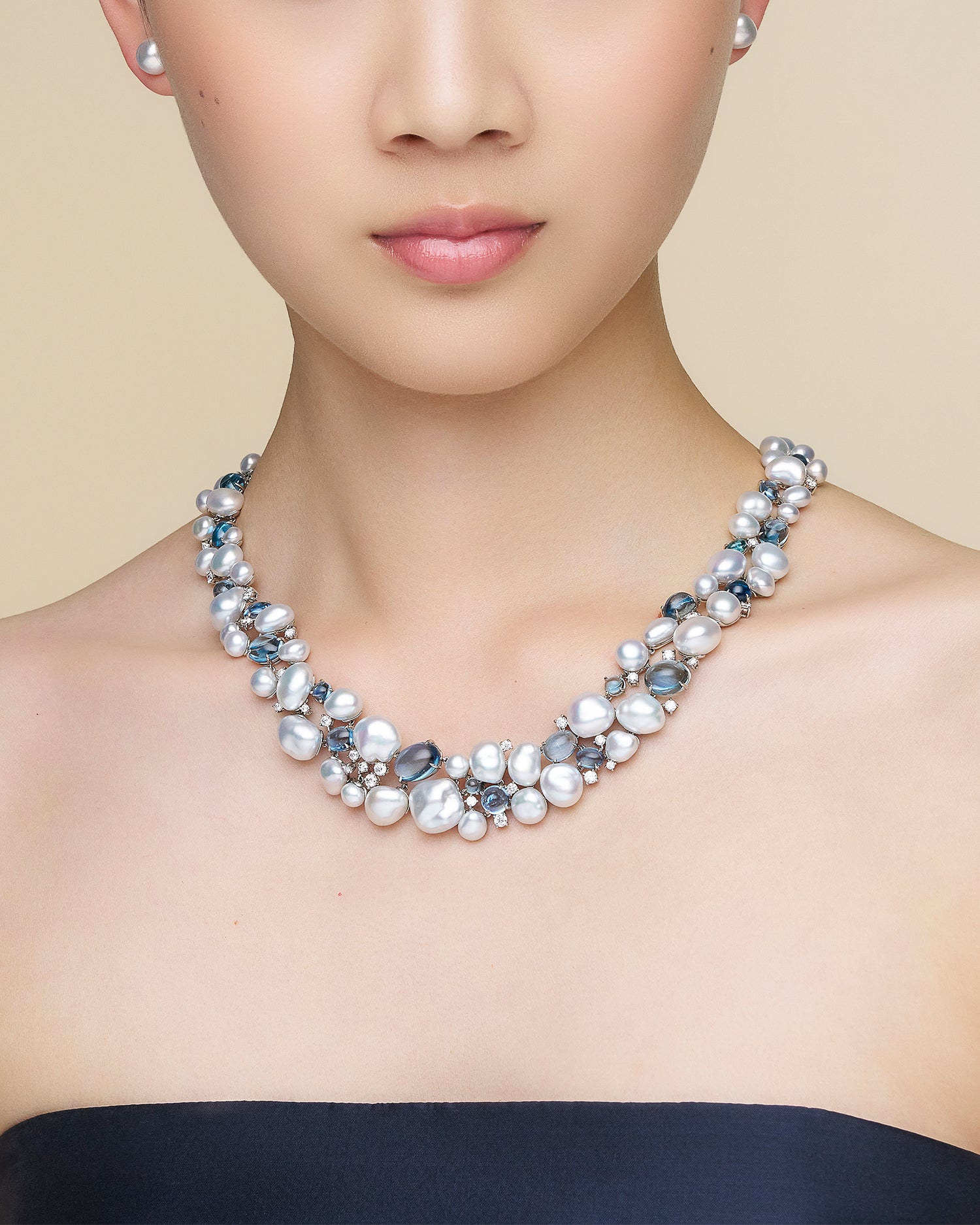 Rockpool Pebble Pearl Collier | 4-9mm Keshi Pearls, Aquamarines, and Platinum