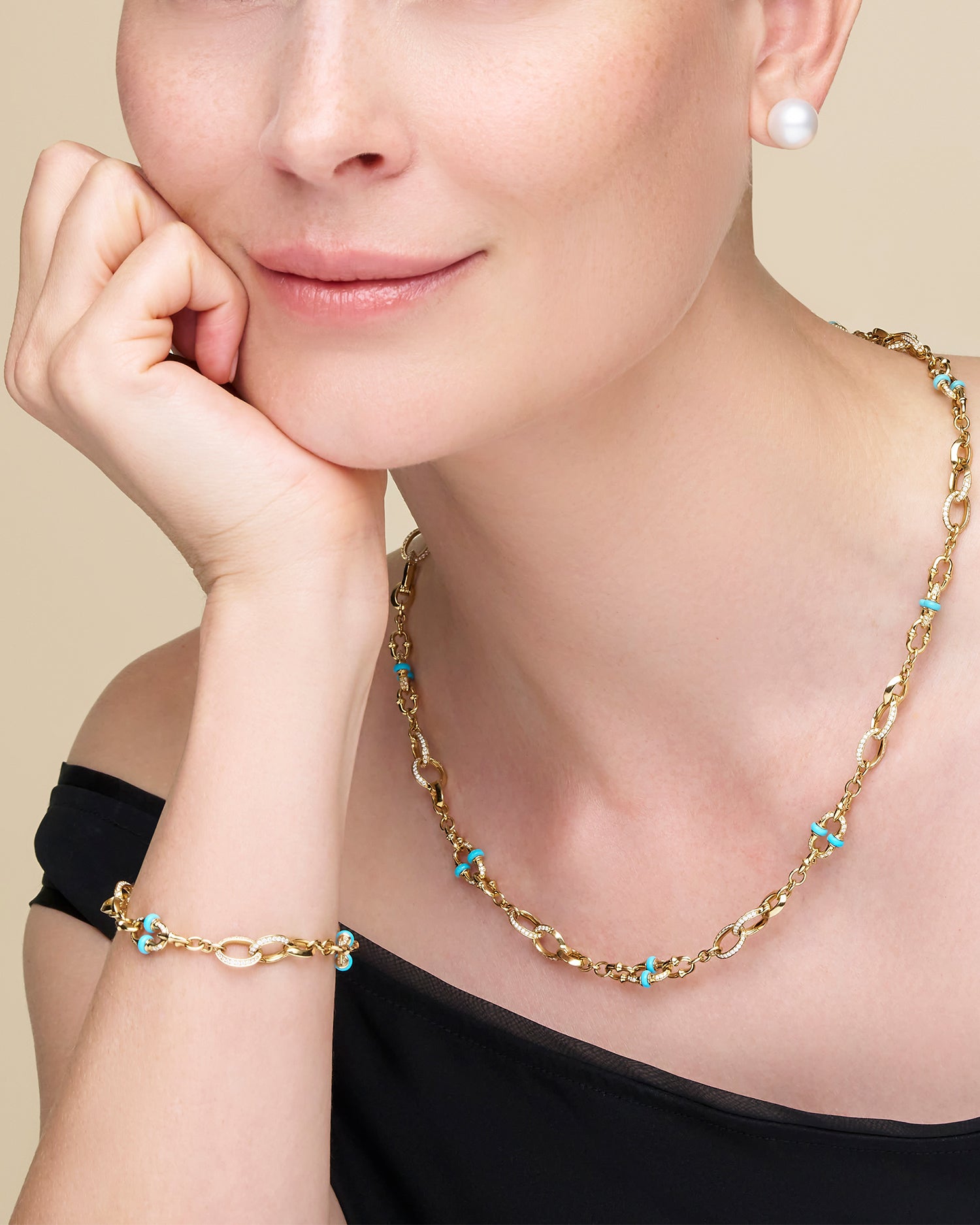 Turquoise Anchored Lavalier Pearl Necklace | 18mm Round Pearl, Blue Sapphire, and Yellow Gold