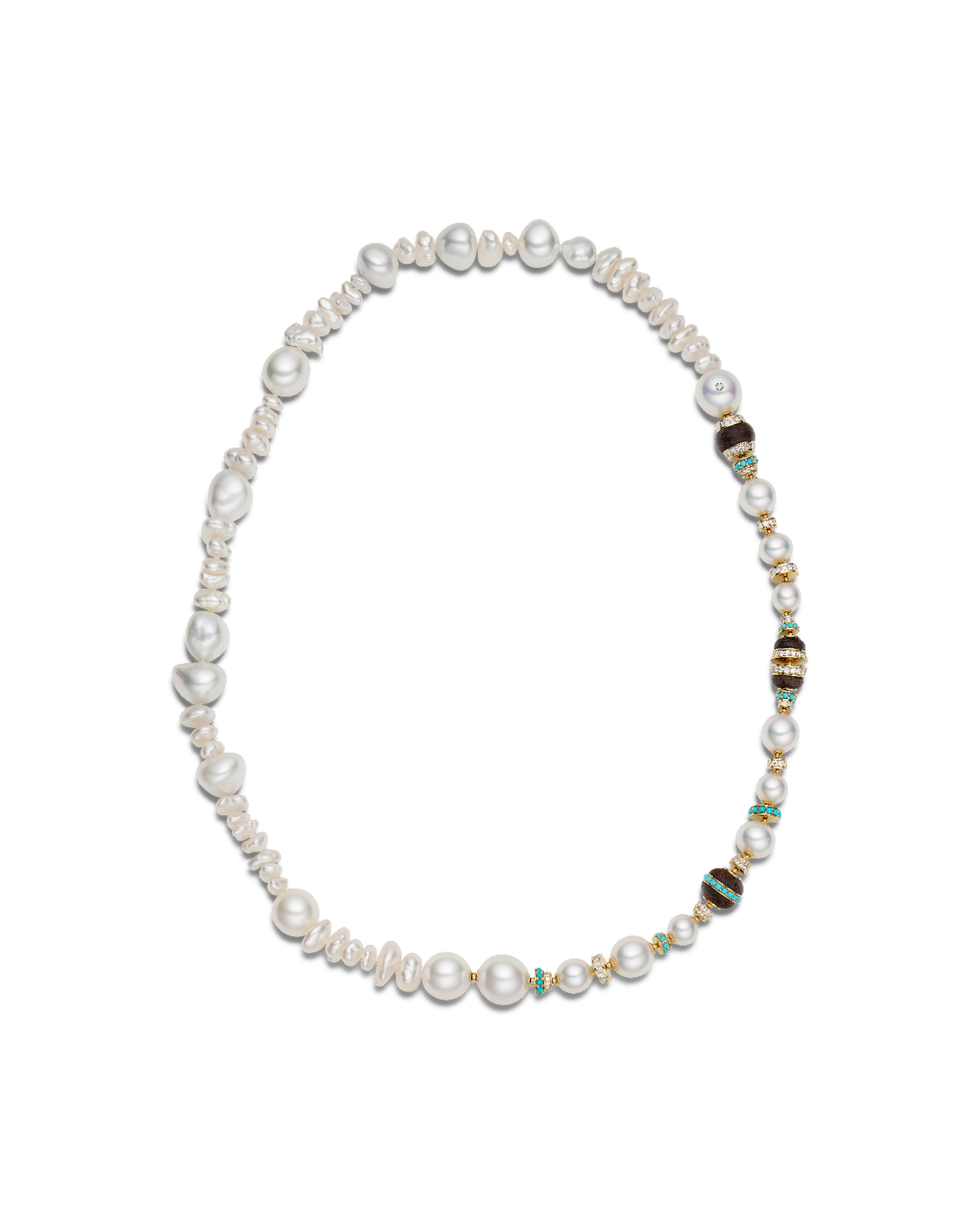 Wild Pearl Strand Lugger Wood Necklace | 5-15mm Pearls, Turquoise, and Yellow Gold