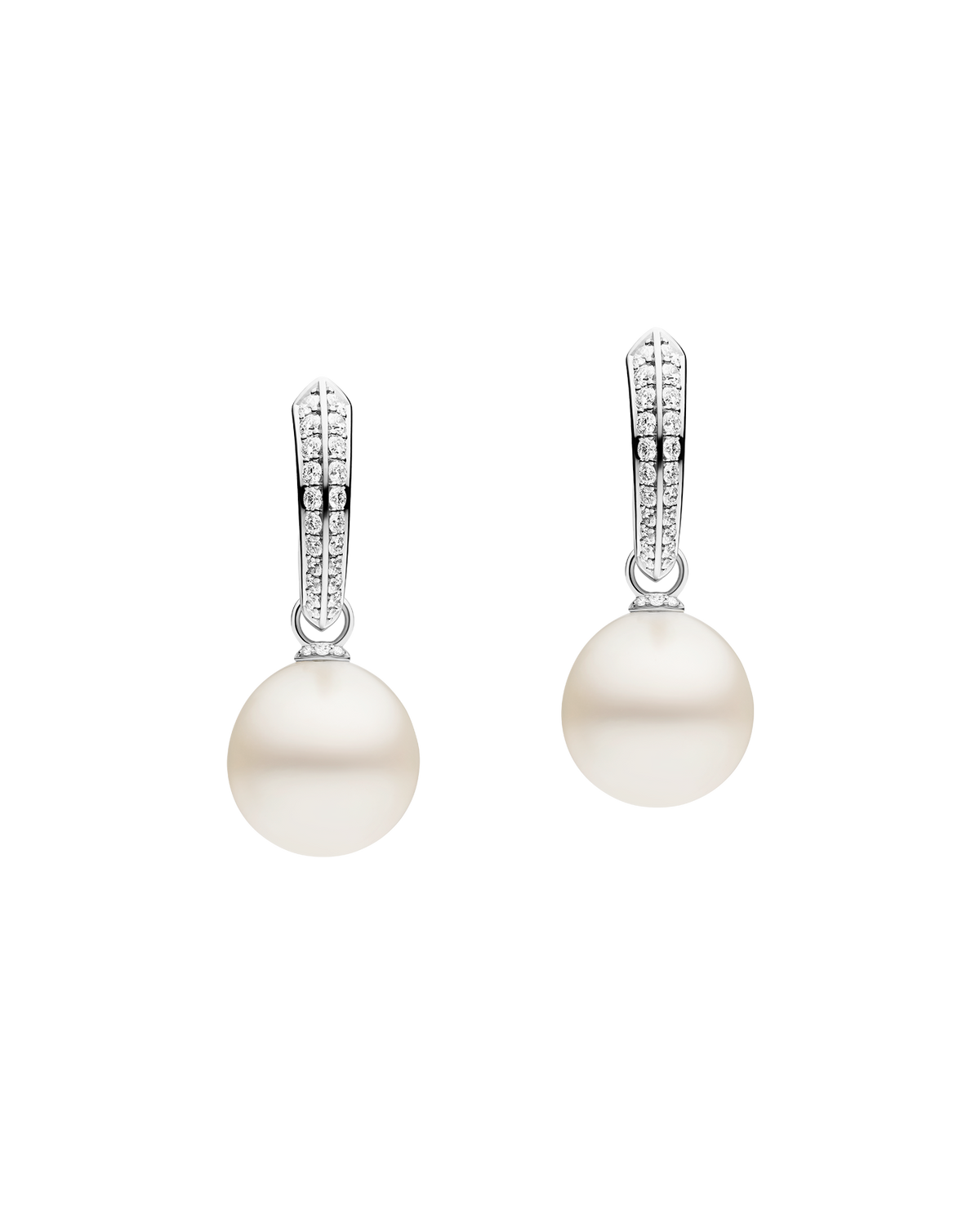 Diamond Keel Edge Pearls My Way Small Hoop Earrings | 12mm Oval Pearls, Diamonds, and White Gold