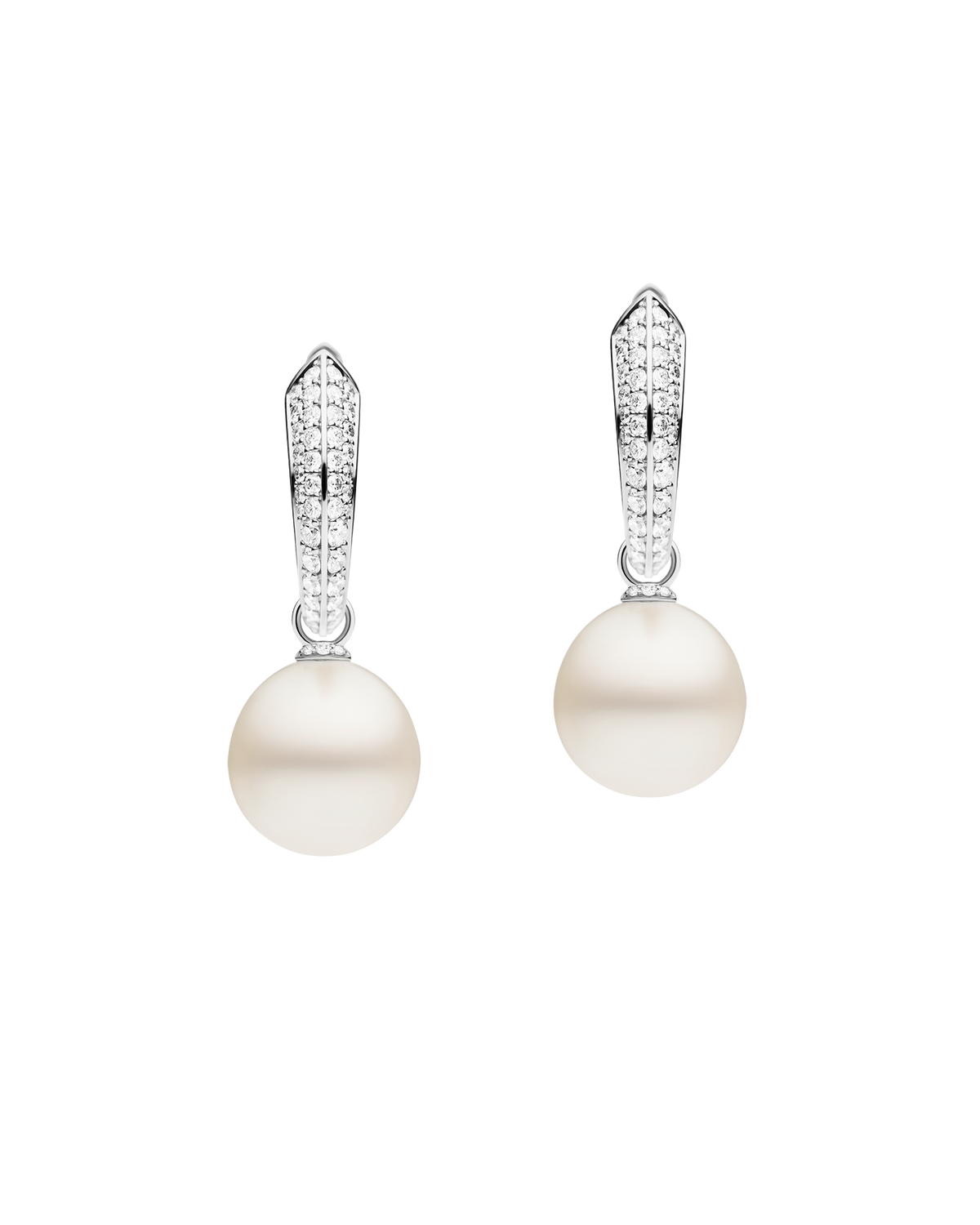 Diamond Keel Edge Pearls My Way Medium Hoop Earrings | 12mm Oval Pearls, Diamonds, and White Gold