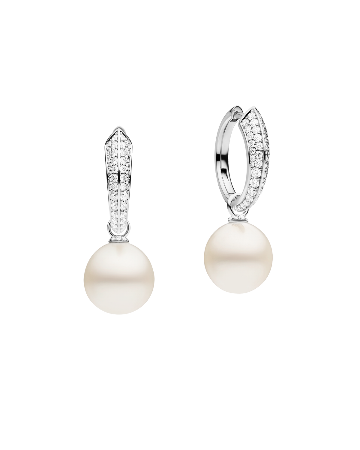 Diamond Keel Edge Pearls My Way Medium Hoop Earrings | 12mm Oval Pearls, Diamonds, and White Gold