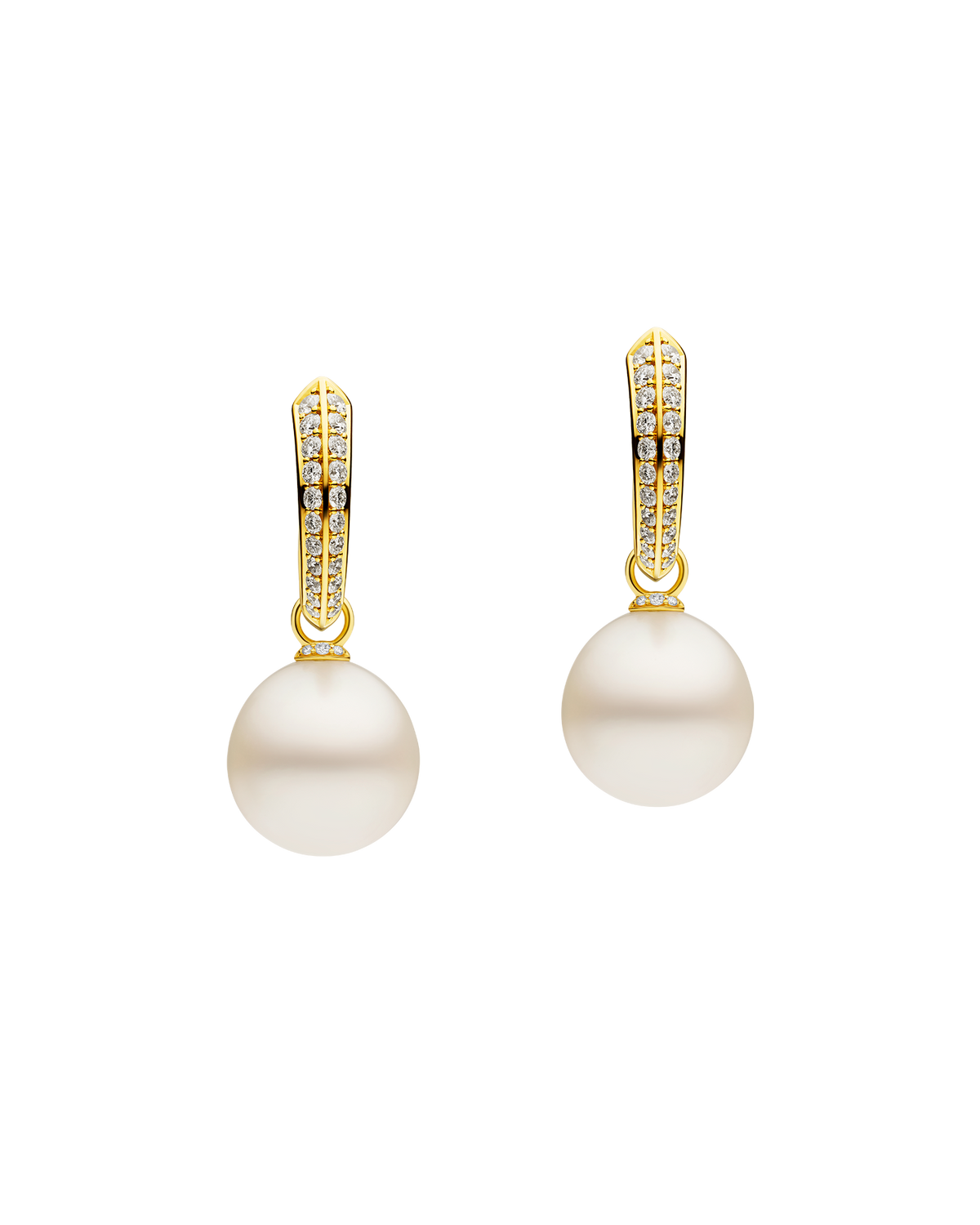 Diamond Keel Edge Pearls My Way Small Hoop Earrings | 12mm Oval Pearls, Diamonds, and Yellow Gold