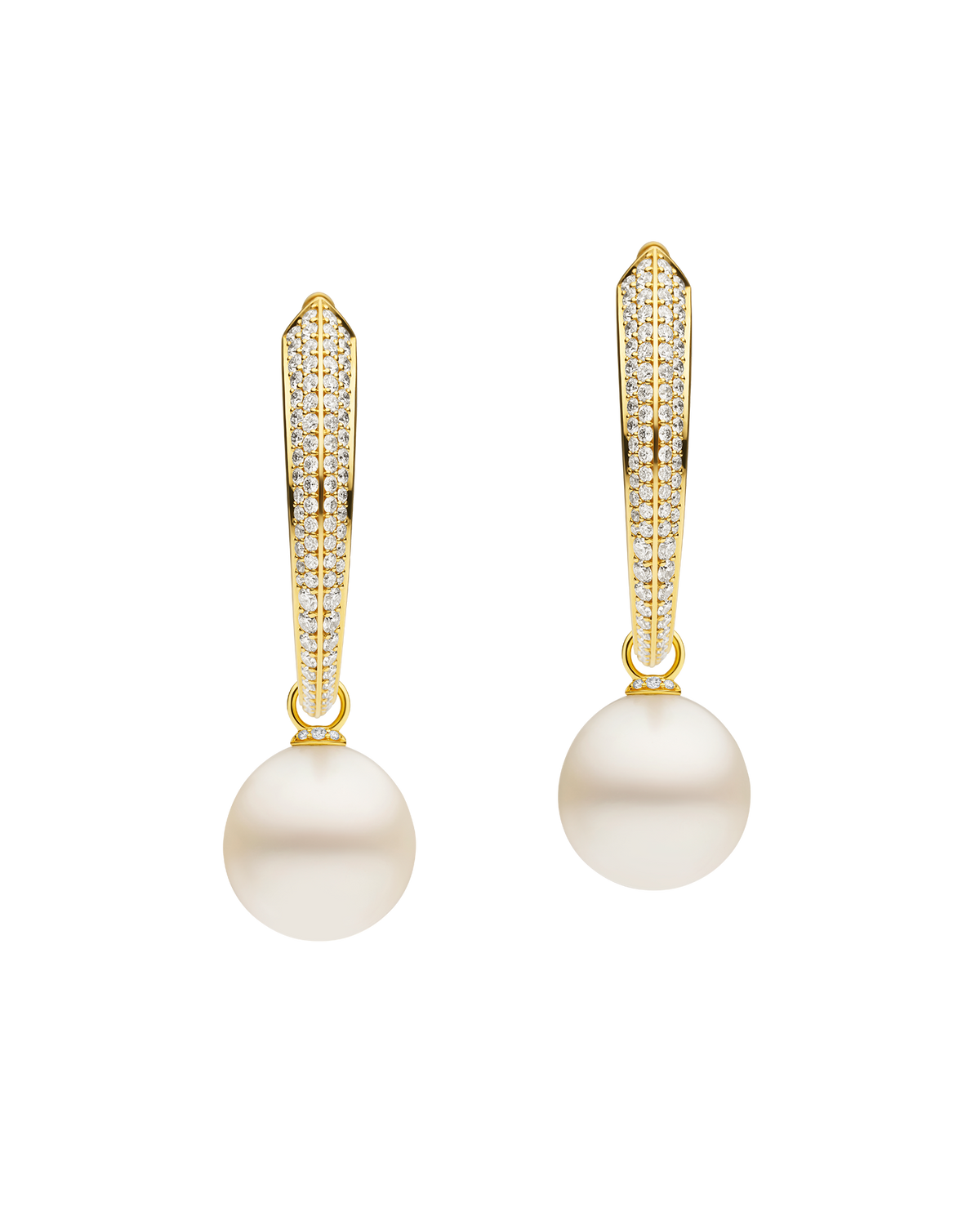 Diamond Keel Edge Pearls My Way Extra Large Hoop Earrings | 12mm Oval Pearls, Diamonds, and Yellow Gold