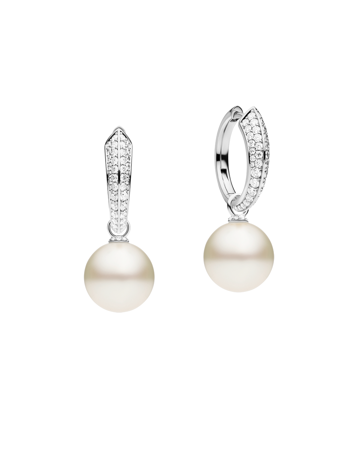 Diamond Keel Edge Pearls My Way Medium Hoop Earrings | 12mm Round Pearls, Diamonds, and White Gold