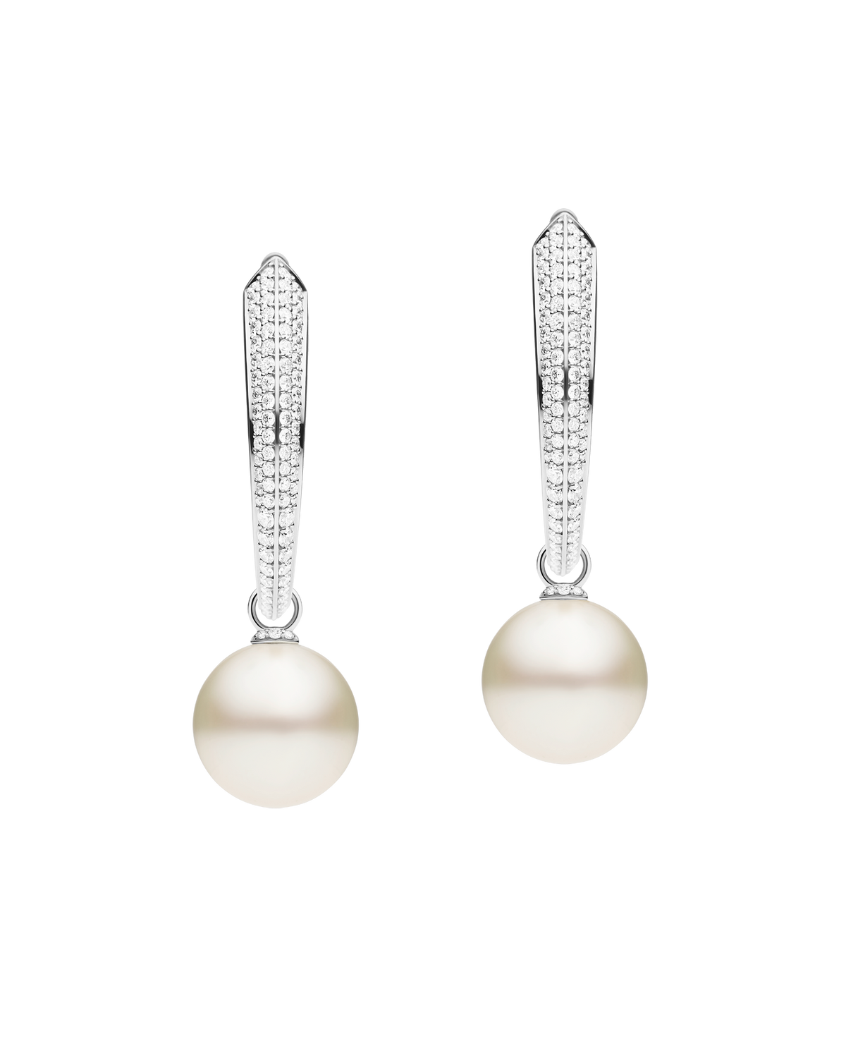 Diamond Keel Edge Pearls My Way Extra Large Hoop Earrings | 12mm Round Pearls, Diamonds, and White Gold