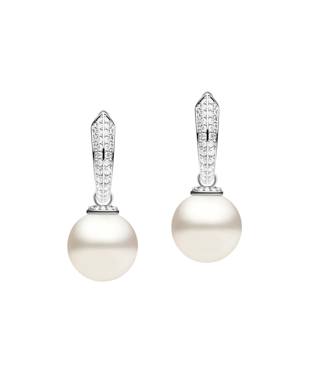 Diamond Keel Edge Pearls My Way Medium Hoop Earrings | 14mm Round Pearls, Diamonds, and White Gold