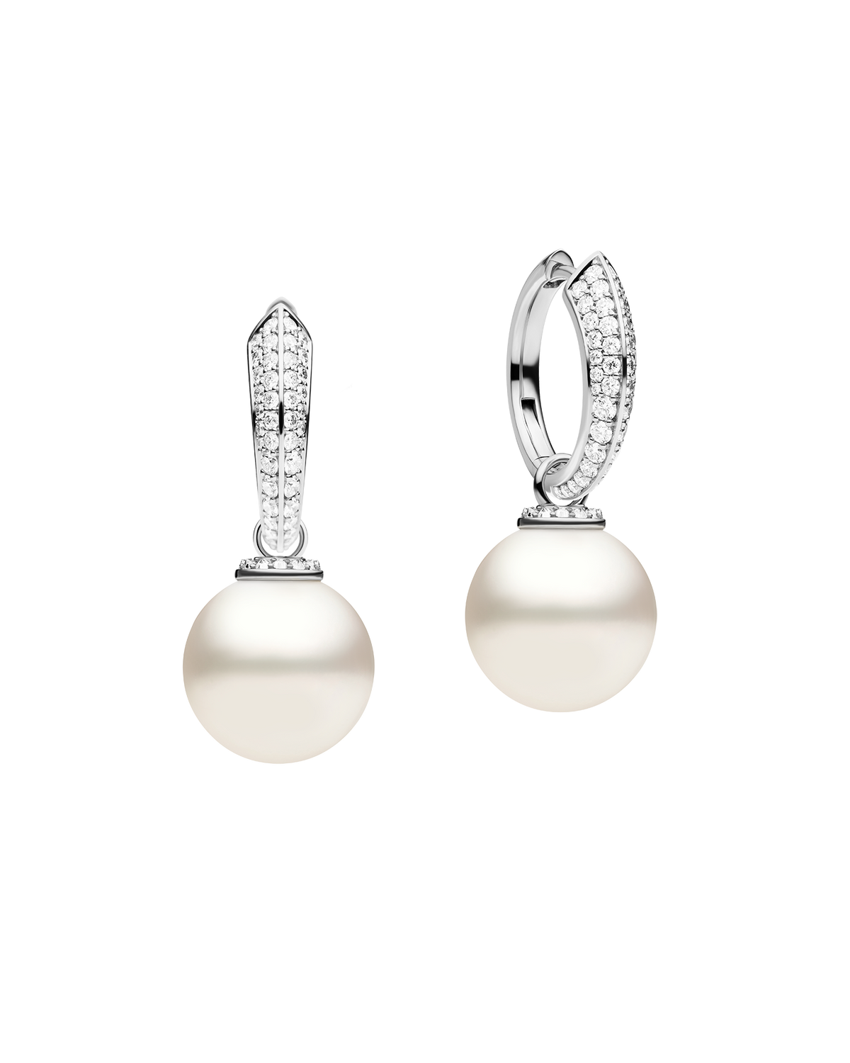 Diamond Keel Edge Pearls My Way Medium Hoop Earrings | 14mm Round Pearls, Diamonds, and White Gold