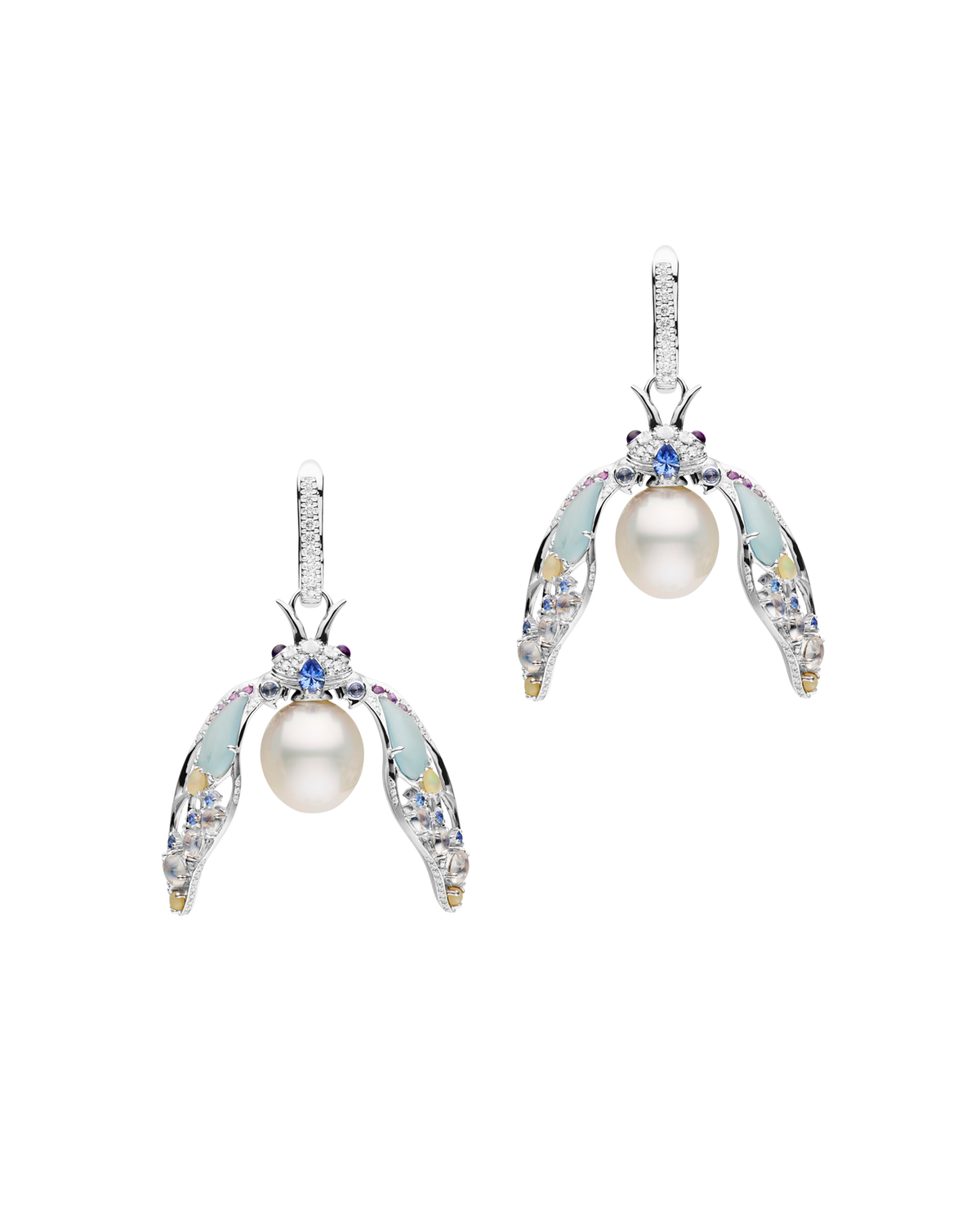 Blue Moon Cicada Pearl Earrings | 11mm Oval Pearls, Blue Sapphires, Diamonds, and White Gold