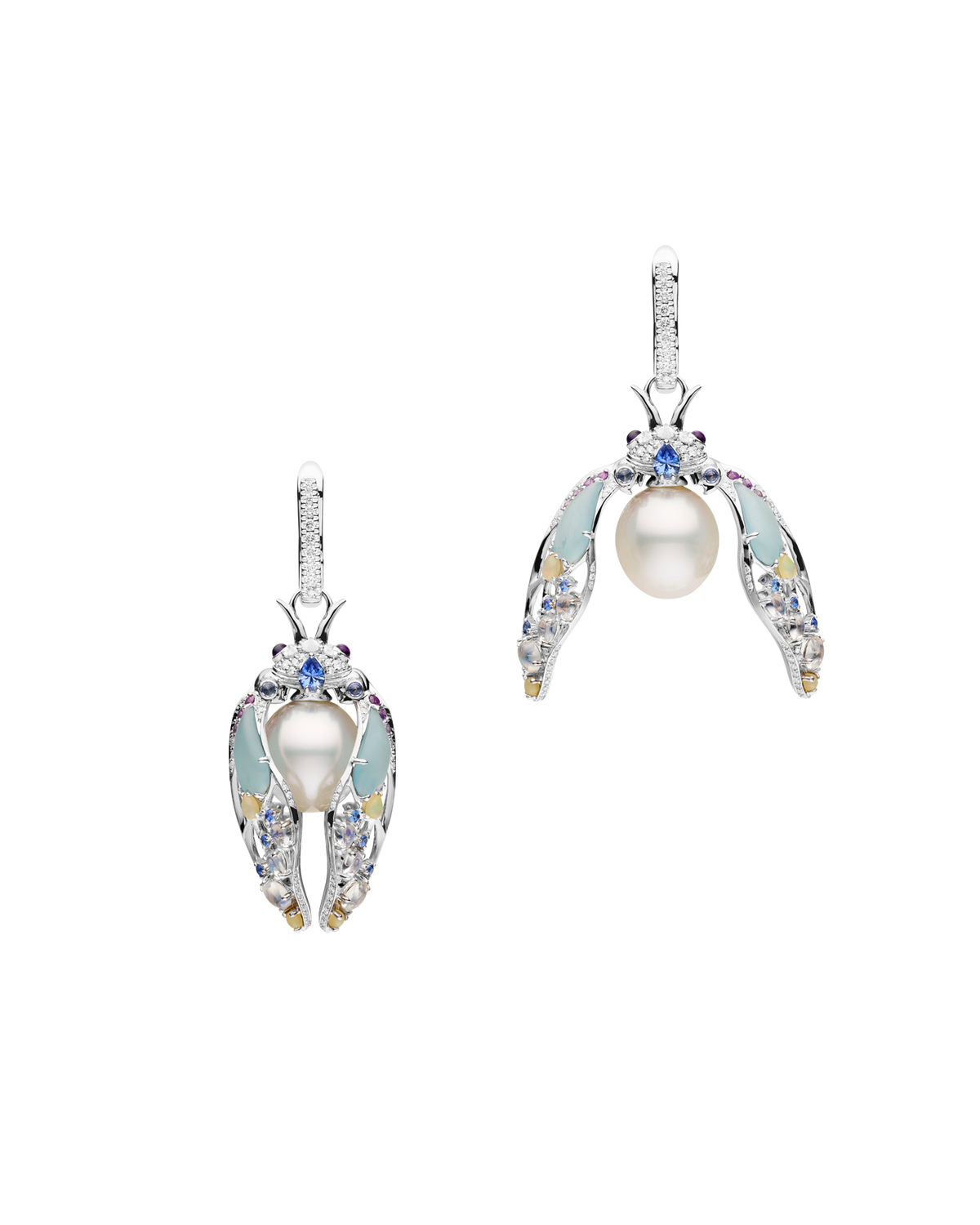Blue Moon Cicada Pearl Earrings | 11mm Oval Pearls, Blue Sapphires, Diamonds, and White Gold