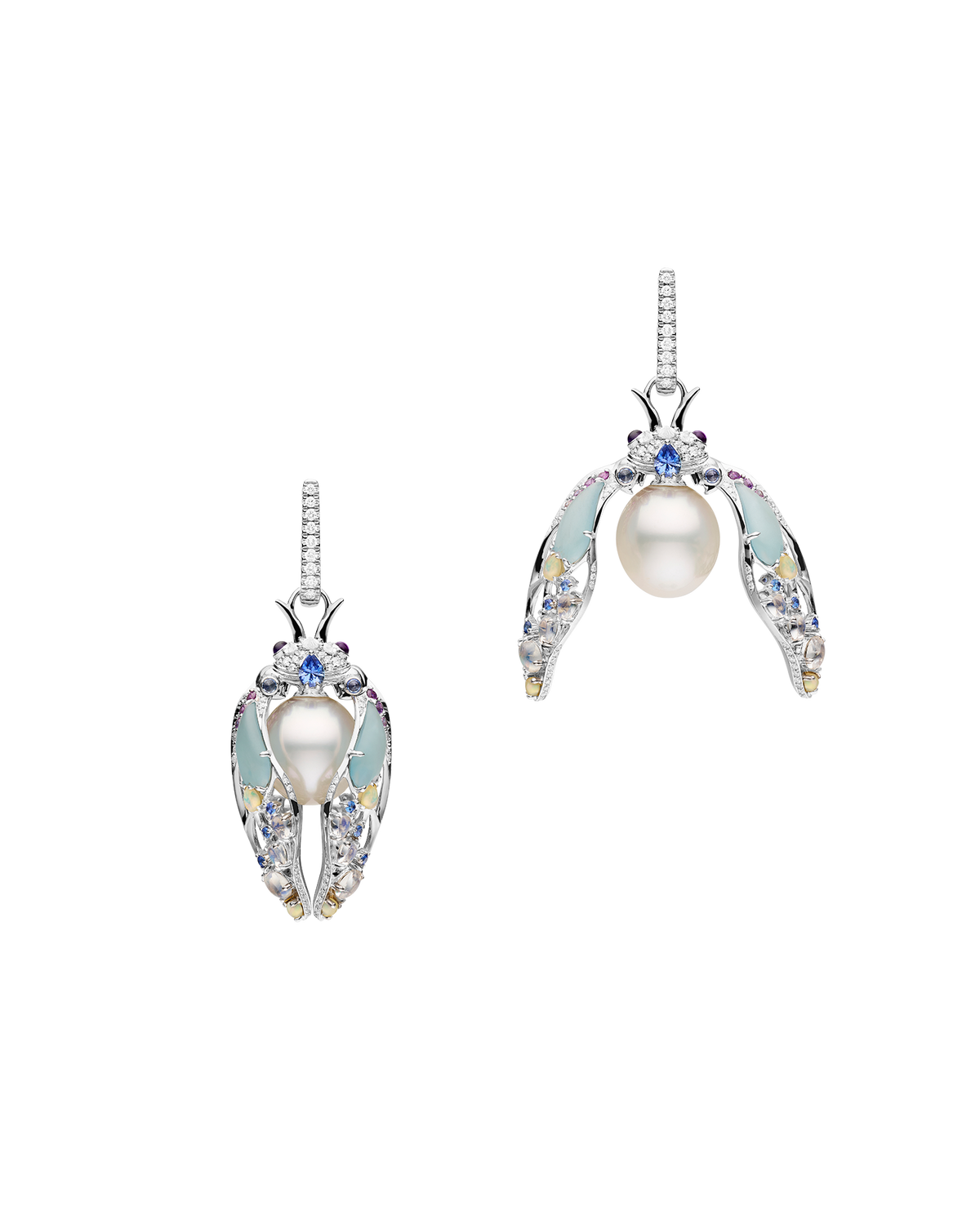 Blue Moon Cicada Pearl Earrings | 11mm Oval Pearls, Blue Sapphires, Diamonds, and White Gold