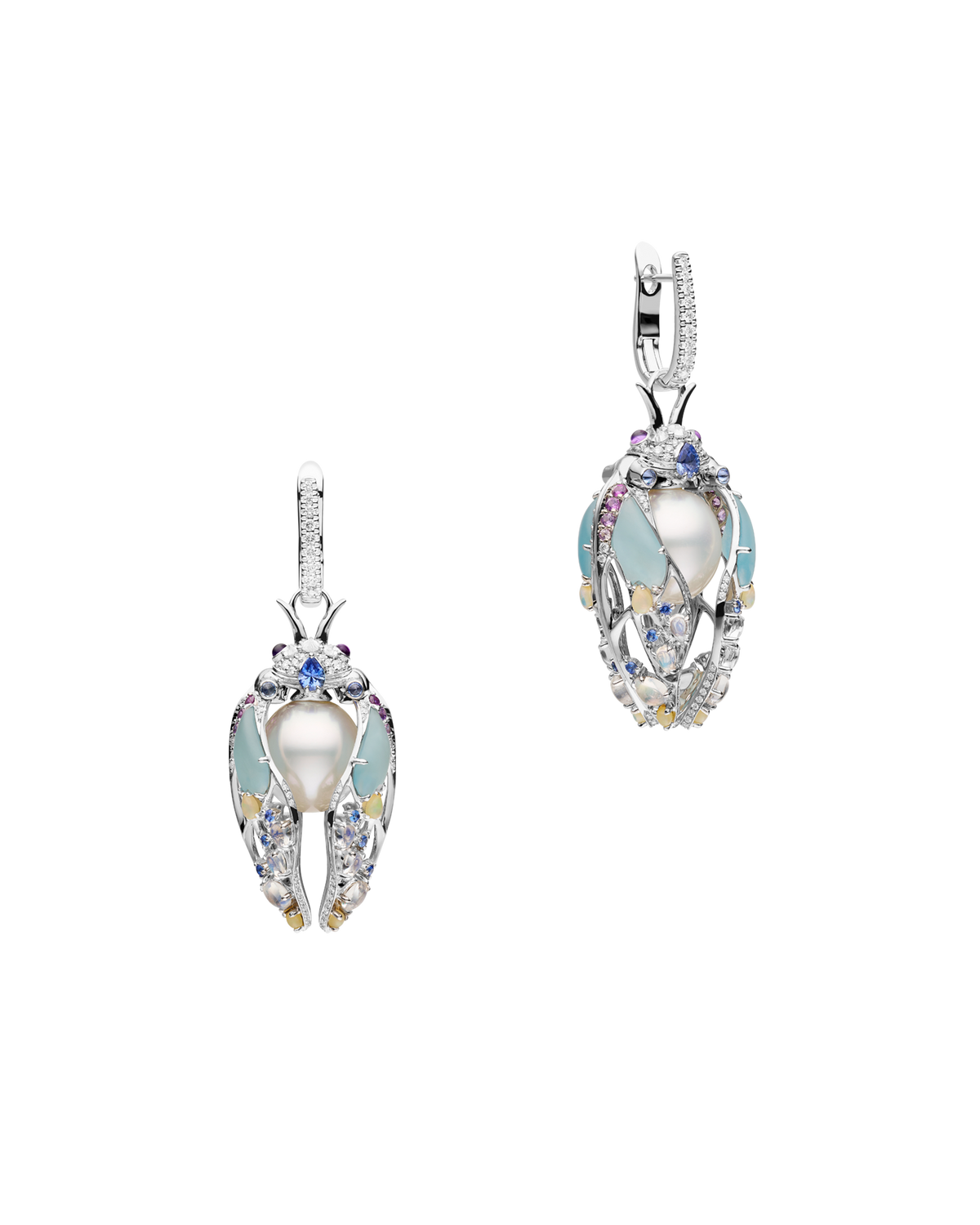 Blue Moon Cicada Pearl Earrings | 11mm Oval Pearls, Blue Sapphires, Diamonds, and White Gold
