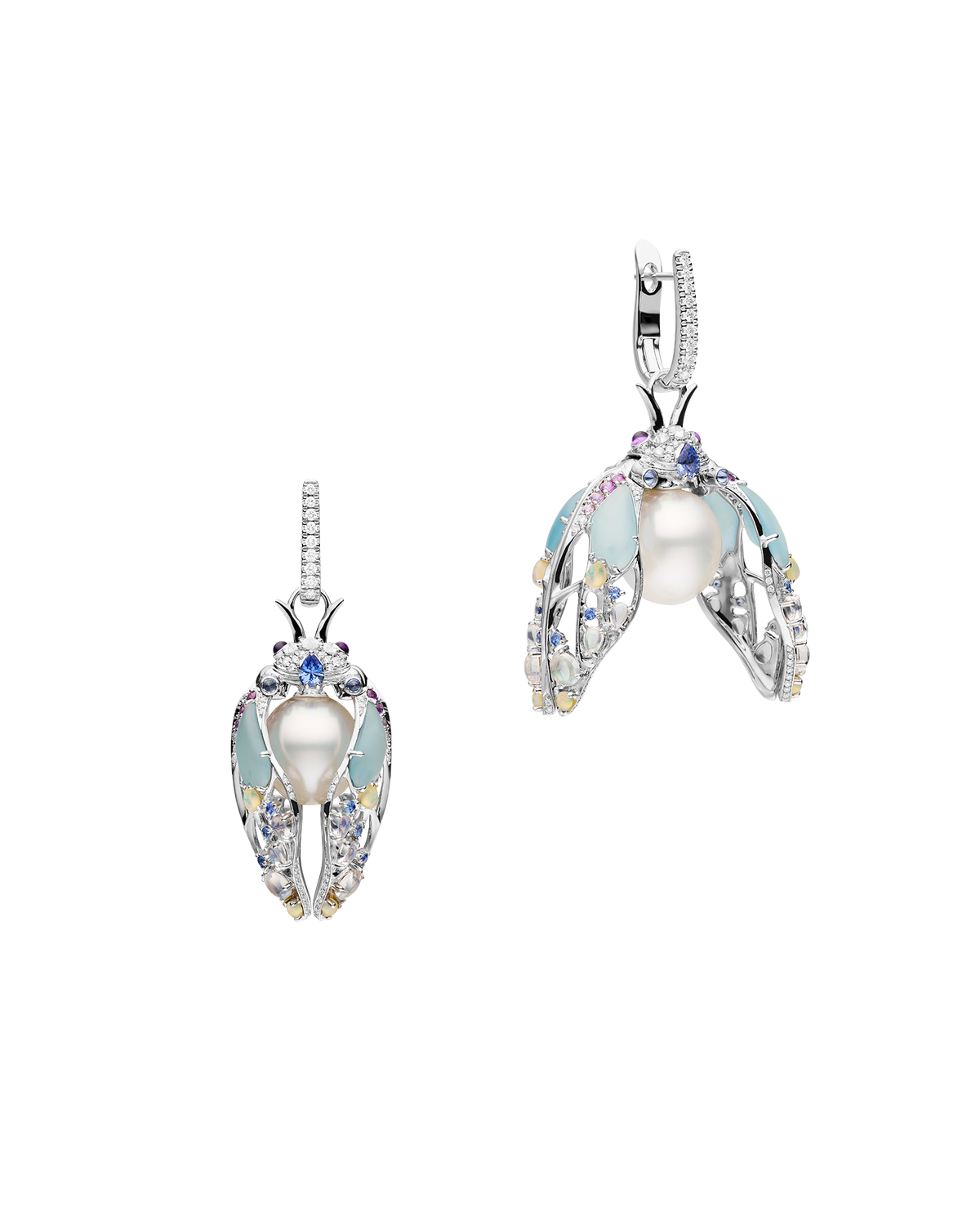 Blue Moon Cicada Pearl Earrings | 11mm Oval Pearls, Blue Sapphires, Diamonds, and White Gold