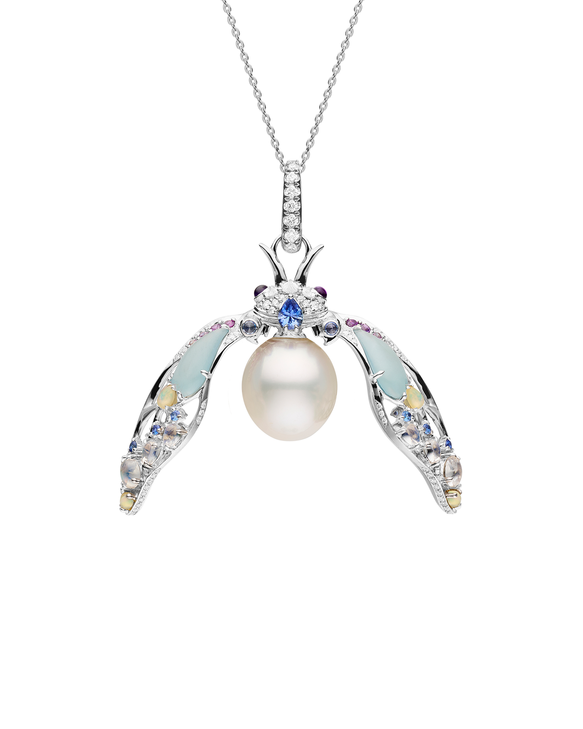 Blue Moon Cicada Pearl Pendant | 11mm Oval Pearl, Blue Sapphires, and White Gold