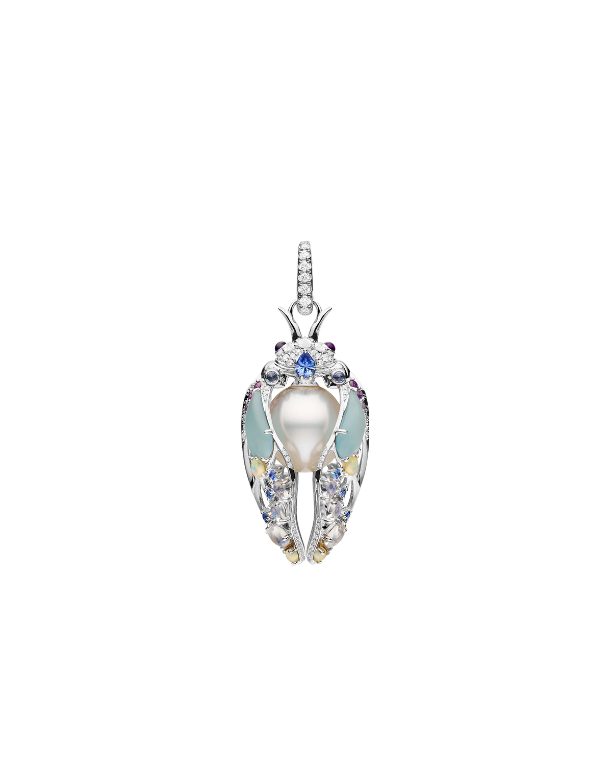 Blue Moon Cicada Pearl Pendant | 11mm Oval Pearl, Blue Sapphires, and White Gold